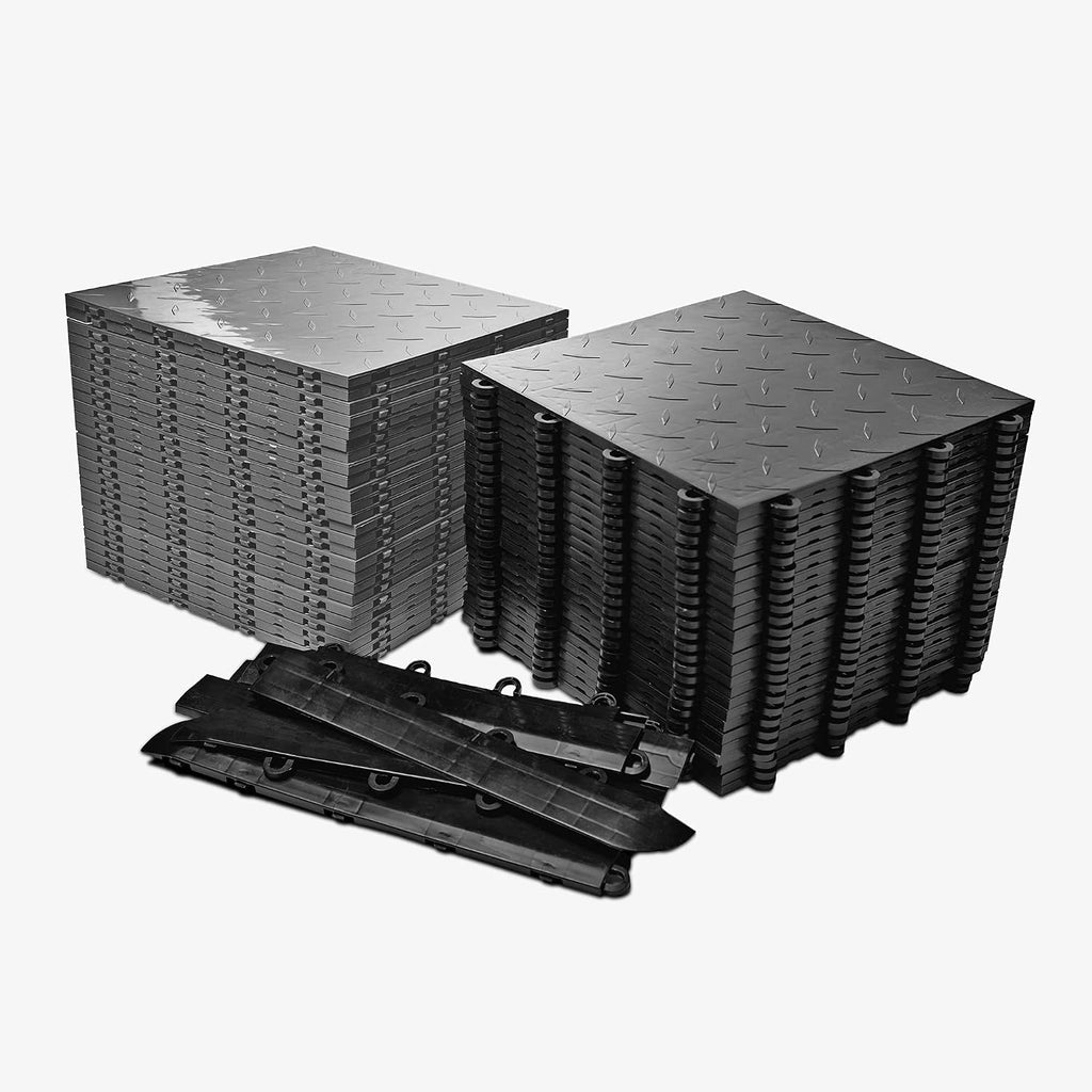 IncStores ⅜ Inch Thick Nitro Interlocking Garage Floor Tiles | Plastic Floor Tile Set for Parking, Protecting, and Displaying Motorcycles | 12'x12' Tiles, Diamond-Top, Black/Graphite