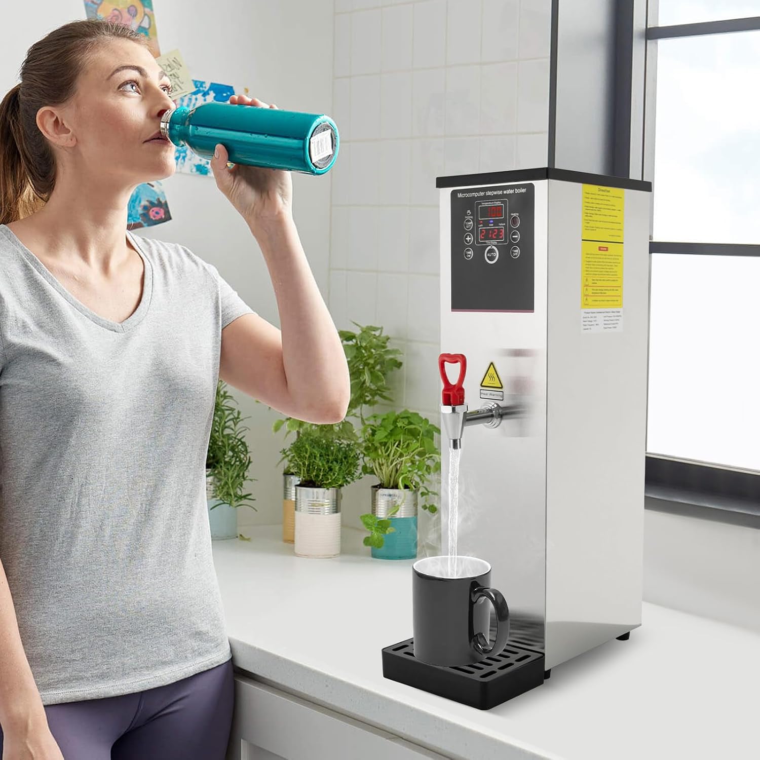 Electric Water Boiler, Step-Heating Commercial Hot Water Dispenser Fast Ready Water Boiler Machine Large Capacity 15L/3.96gal for Tea Milk Restaurant Hotel Caterers, Restaurants, Silver