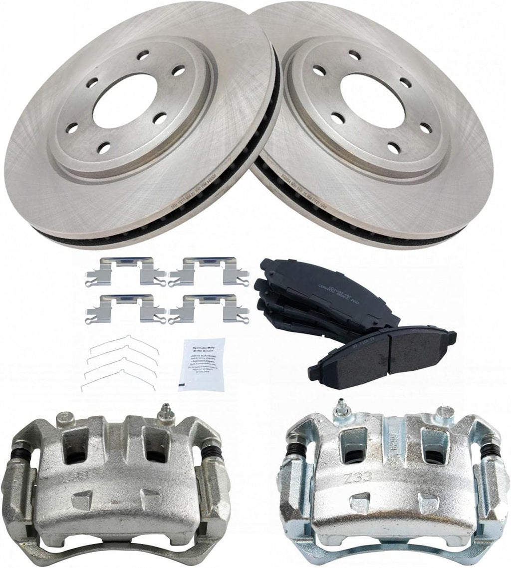 TRQ Front Brake Pad and Rotor Set Ceramic Vented Rotors Calipers Compatible with 2005-2018 Nissan Frontier 2009-2012 Suzuki Equator