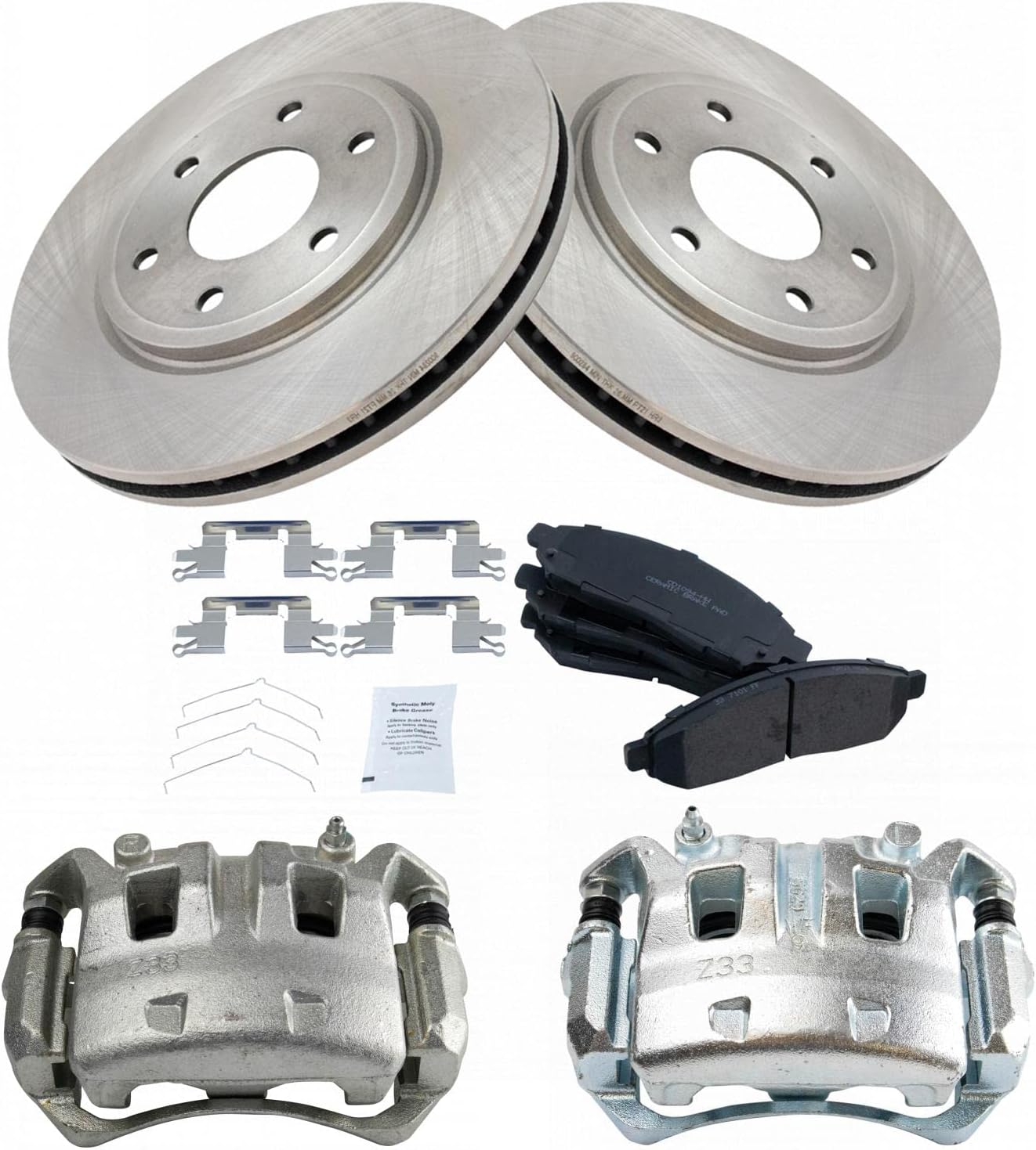 TRQ Front Brake Pad and Rotor Set Ceramic Vented Rotors Calipers Compatible with 2005-2018 Nissan Frontier 2009-2012 Suzuki Equator
