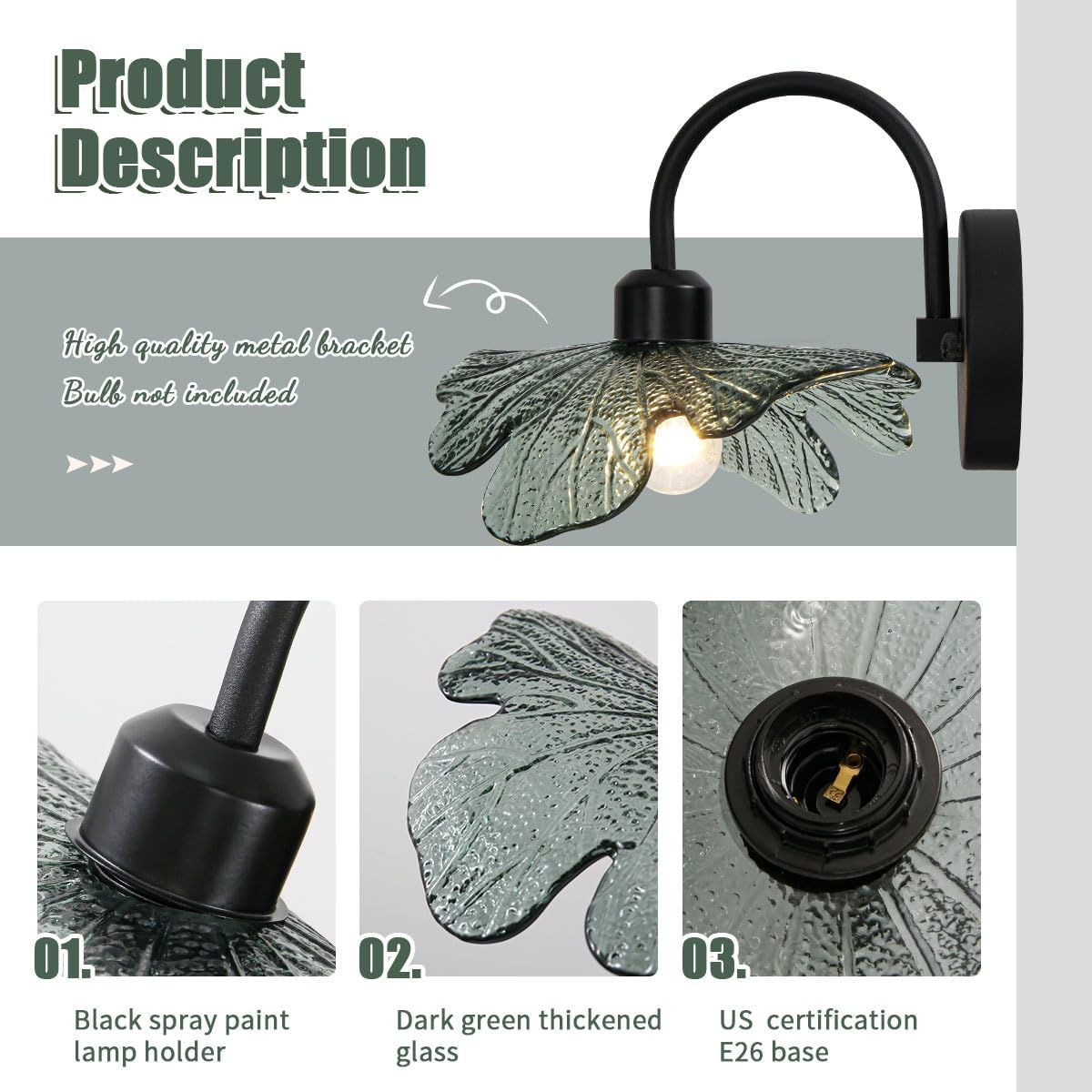 Black Bathroom Vanity Light Vintage Wall Sconce Black Wall Lamp Sconces Wall Decor Set of 2 with Dark Green Glass Shade Vanity Lighting Fixture Over Mirror for Bedroom Hallway Living Room