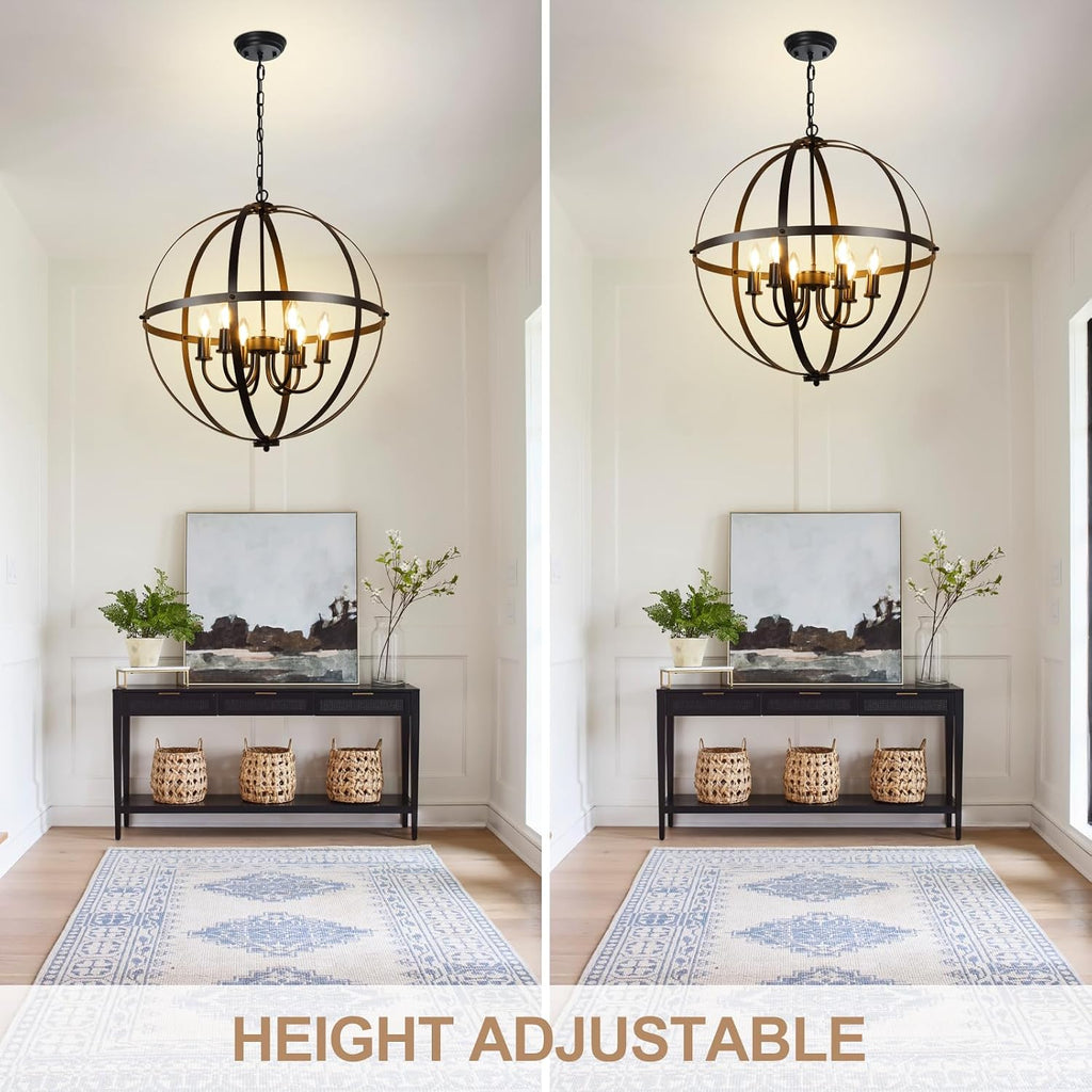 DLLT 6-Light Orb Chandelier, Black Globe Pendant Light Fixtures, Industrial Sphere Pendant Lighting Over Island, Adjustable Hanging Light with Metal Cage for Dining Room, Foyer, E12 Bulbs Not Included