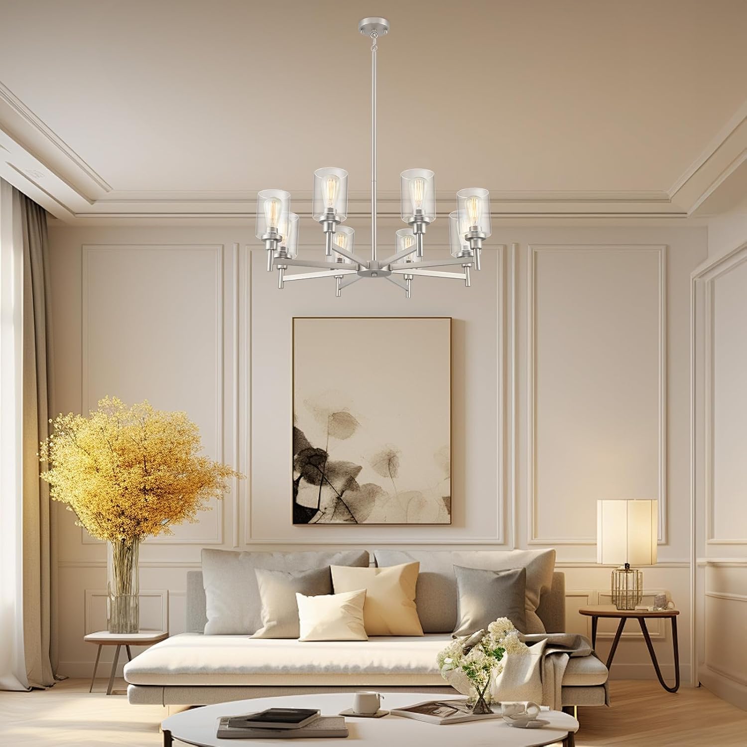 Brushed Nickel Chandeliers for Dining Room | 8 Lights Living Room Light Fixture Over Table | Farmhouse Chandelier with Clear Glass Shade | Hallway Lighting for Kitchen Island | Bedroom | Restaurant