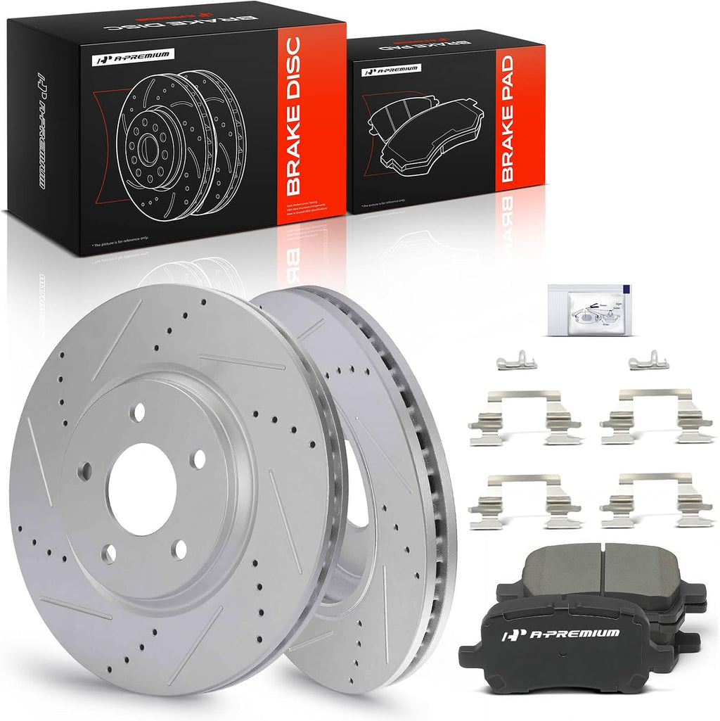 A-Premium 11.65 inch (296mm) Front Drilled and Slotted Disc Brake Rotors + Ceramic Pads Kit Compatible with Chevy, Pontiac and Saturn Models - Malibu 04-12, Cobalt 2008, G5 07-09, G6 06-10, Aura 07-09