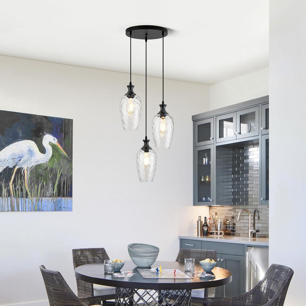 3-Light Pendant Lighting, Black Dining Room Chandelier Light Fixture Over Table with Hammered Glass, Modern Cluster Hanging Lights for Kitchen Island Sink, E26