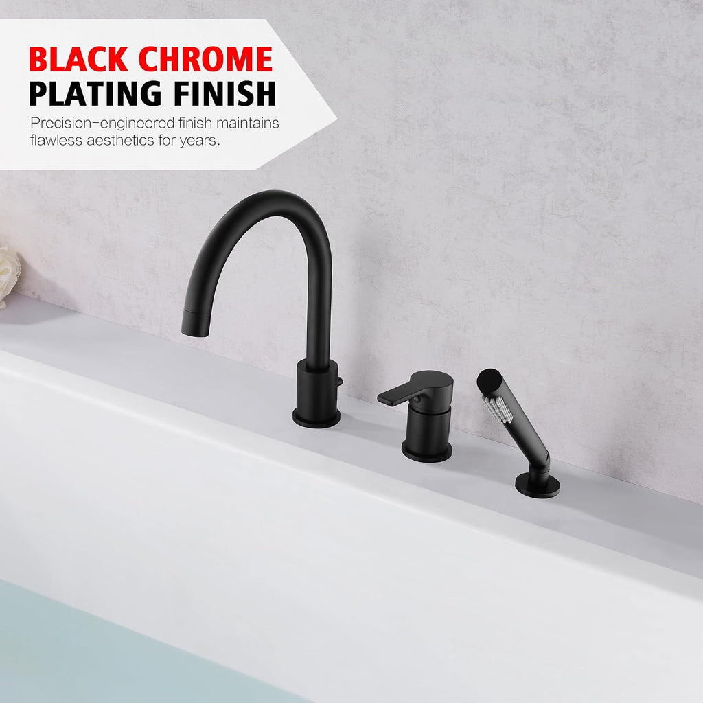 SUMERAIN Matte Black Roman Tub Faucet 3 Holes Deck Mount Bathtub Faucet with Handheld Shower Sprayer