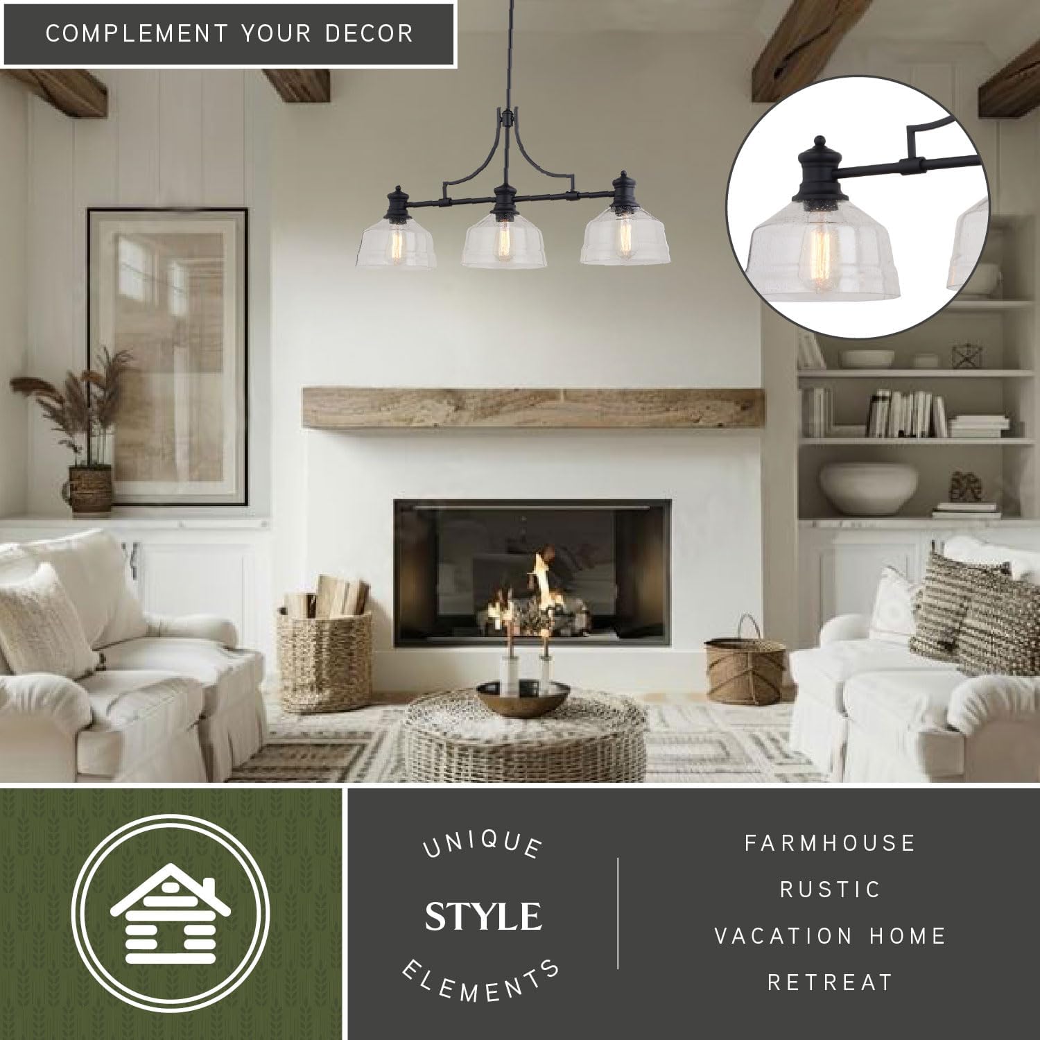 VAXCEL Beloit 3-Light, LED Compatible, Black Farmhouse Linear Chandelier, Island Pendant Light Fixture, Clear Seeded Glass, Matte Black Finish, Adjustable Height
