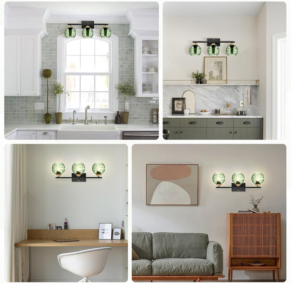 Glass Bathroom Vanity Light Matte Black Mid Century Wall Light Fixtures 3-Light 23.6 Inch Green Globe Shade Indoor Green Glass Wall Sconce for Bedroom Hallway Bedside