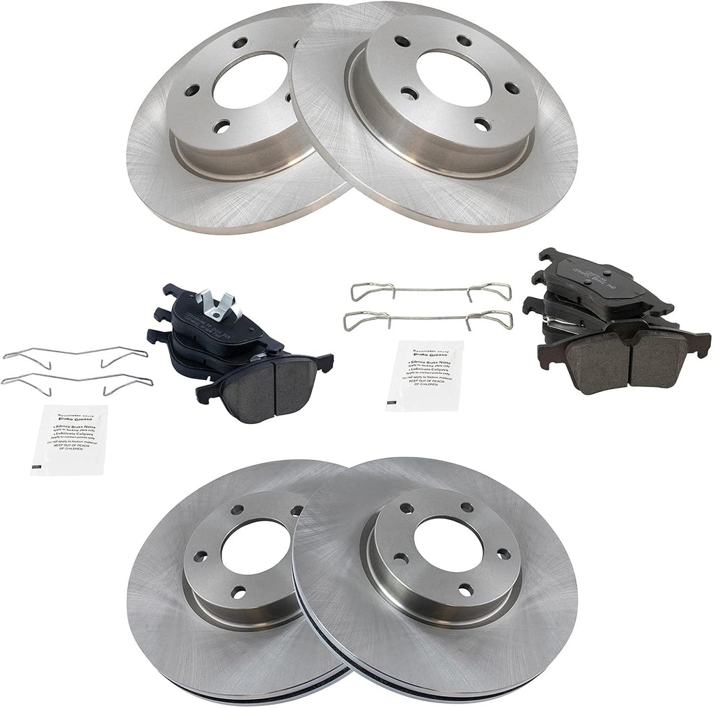 TRQ Front and Rear Brake Pad and Rotor Set Ceramic Vented Solid Rotors Compatible with 2004-2005 Mazda 3