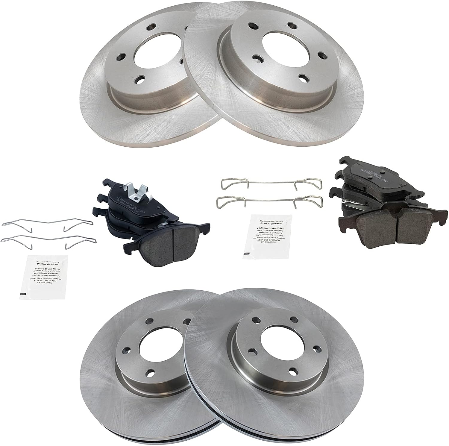 TRQ Front and Rear Brake Pad and Rotor Set Ceramic Vented Solid Rotors Compatible with 2004-2005 Mazda 3