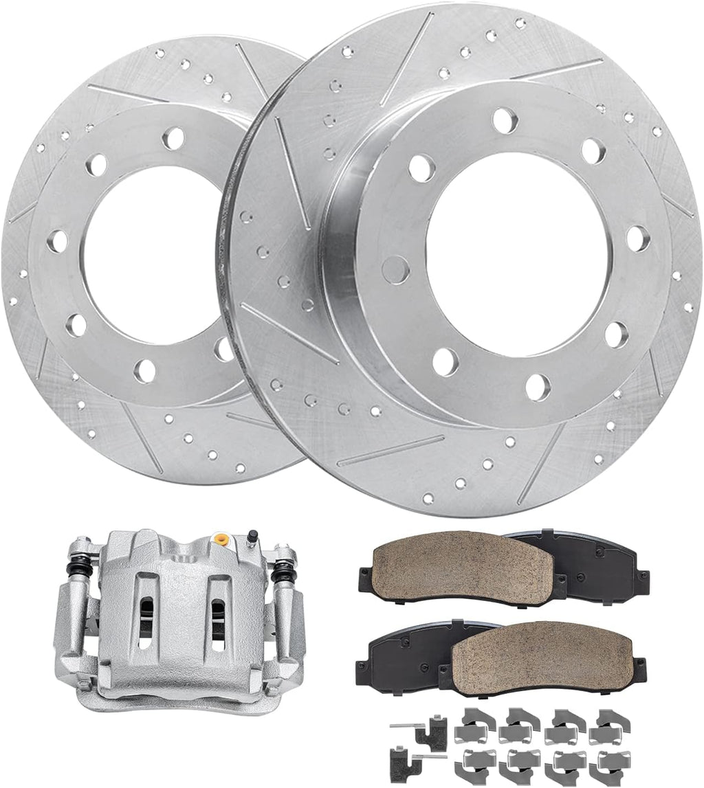 Detroit Axle - 4WD Front Drilled Brake Rotors Brake Pads + Right Brake Caliper Replacement for F-350 F-250 Super Duty - 5pc Set