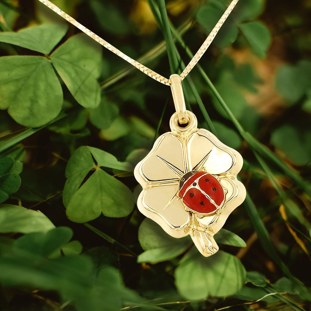 forme di Lucchetta - 14k Gold Ladybug on Four Clover Leaf Pendant | Box Chain 16+2 Inch | Women's Girl's Necklace from Italy