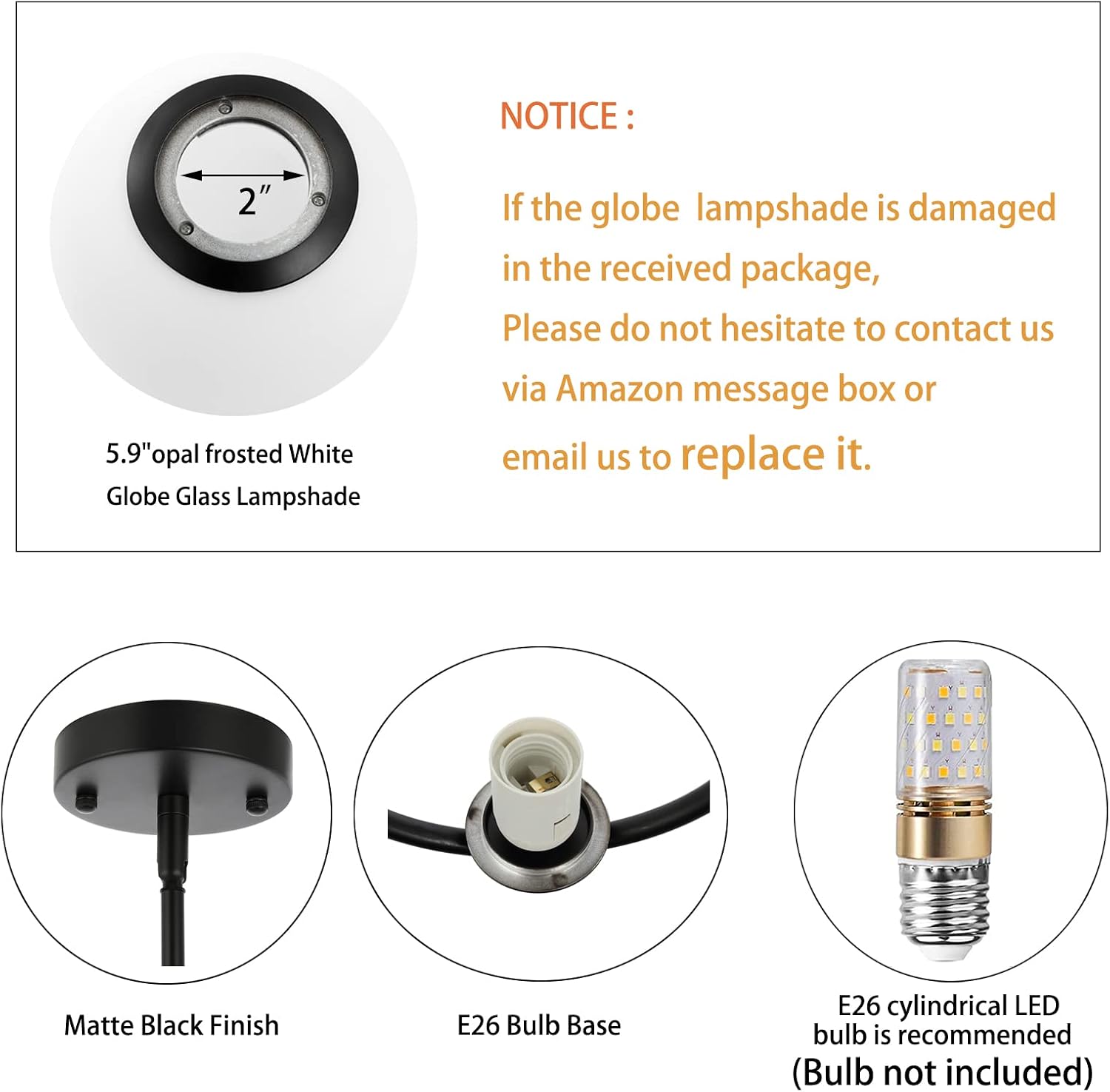 BYOLIIMA Modern Globe Pendant Light Mid Century Chandelier 1-Light Matte Black Ceiling Hanging Lighting Fixture with White Globe Glass Lampshade for Kitchen Island Dining Room Bedroom (2 Pack)