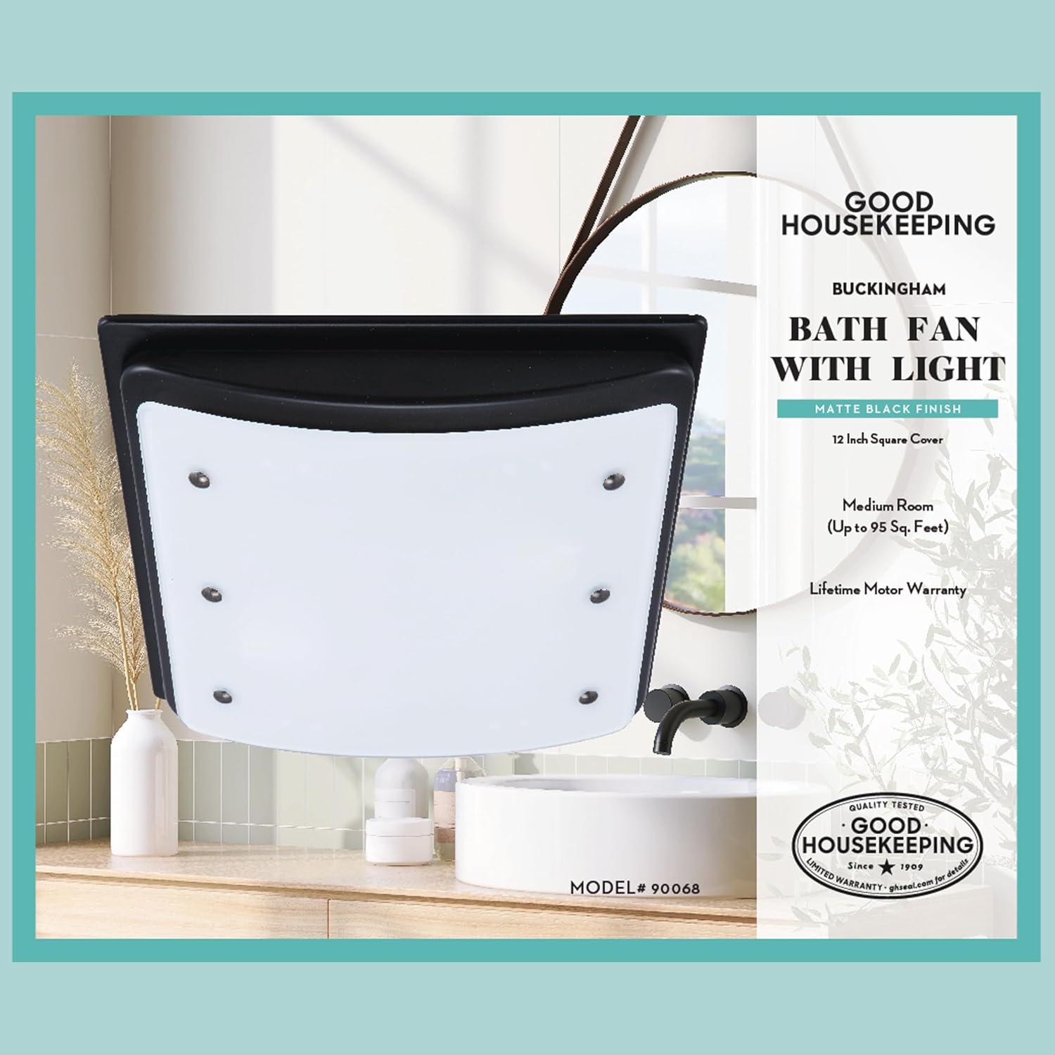 Good Housekeeping (90068) Buckingham 100 CFM 2.0 Sones Decorative Bathroom Ventilation Exhaust Fan with Light & Night-Light in Matte Black