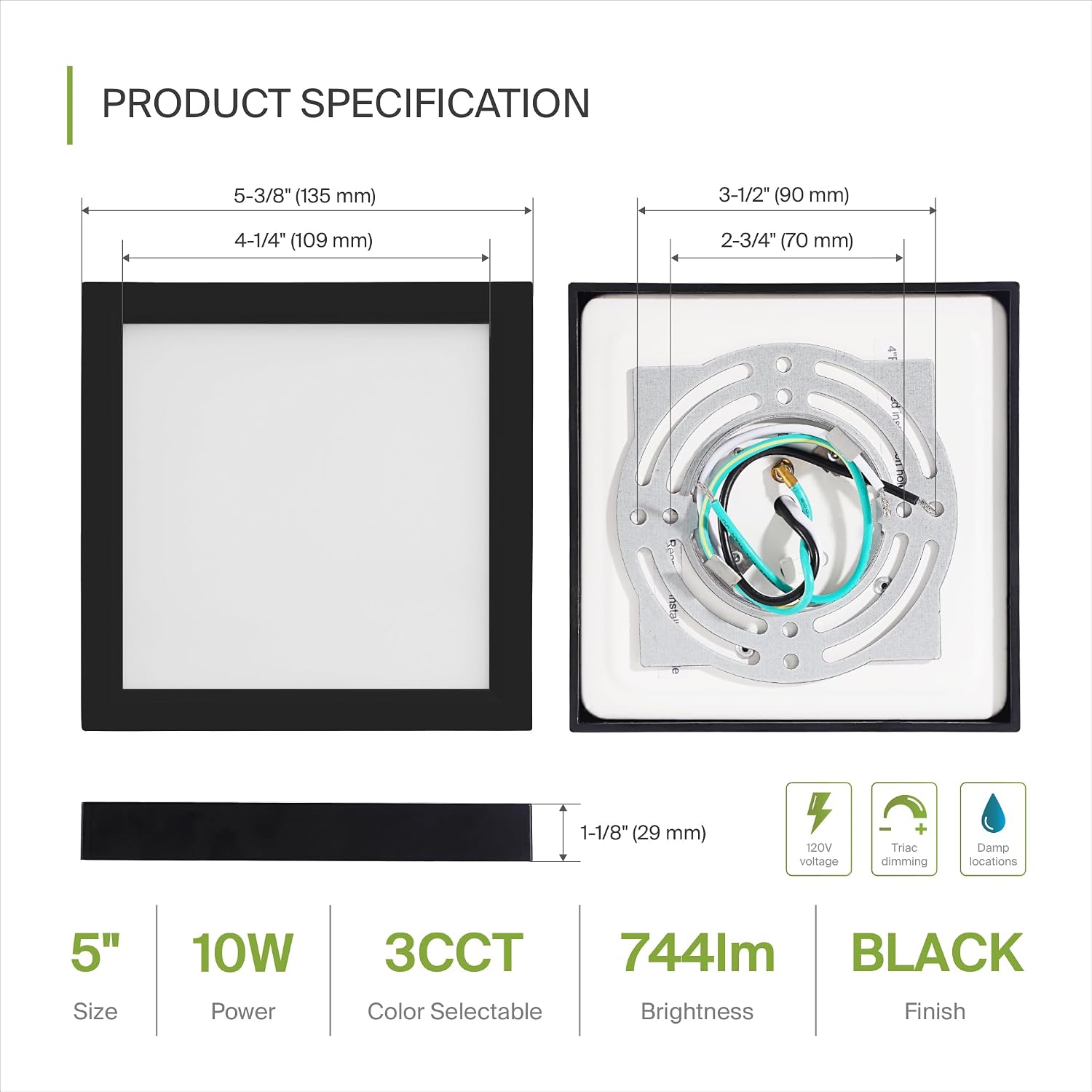 ASD LED 5' Square Flush Mount Light | 10W 740LM 3000-5000K 120V | 3CCT, Dimmable, Ultra Slim, ETL Listed | Thin Surface Lamp, Bedroom Ceiling Lighting | Black, 12 Pack