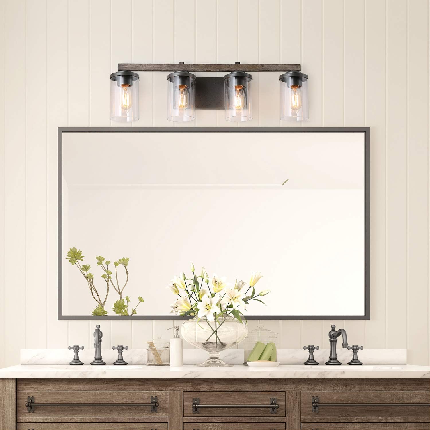 LALUZ Bathroom Vanity Light Fixtures, Farmhouse Vanity Lighting with Clear Glass Shades, Faux Wood, 4-Light, 28'' L x 6.3'' W x 8.7'' H