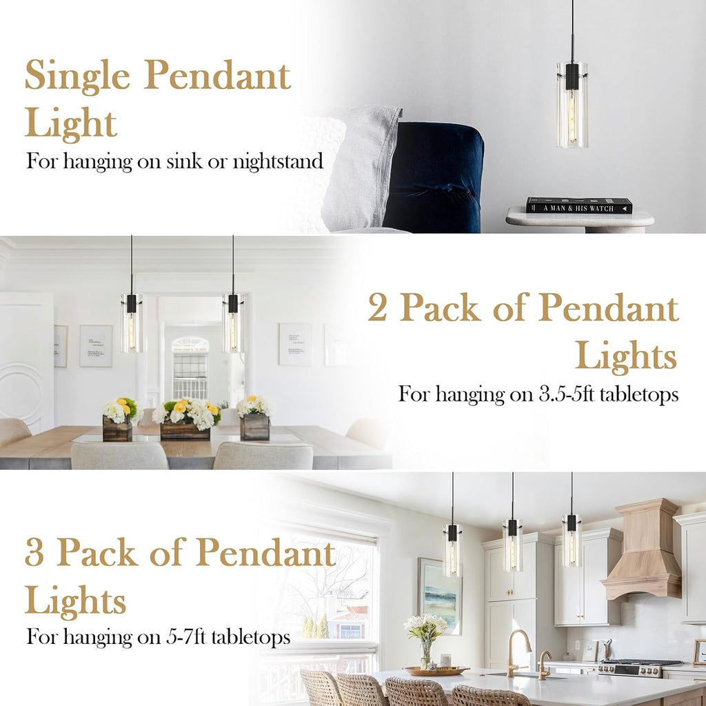Glass Black Pendant Light, 3 Pack Modern Kitchen Island Pendant Lighting with Ribbed Glass, Adjustable Cord Minimalist Pendant Light for Over Island, Dining Room, Bathroom Bedroom