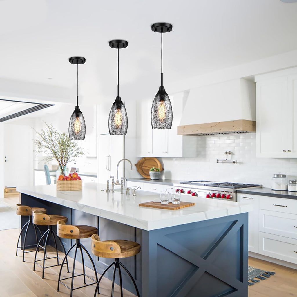 Viinew Mini Glass Pendant Light,4.72' Black Glass Hanging Light 3-Pack Handblown Clear Black Seeded Shade Adjustable Cord Ceiling Light Fixture for Kitchen Island Sink