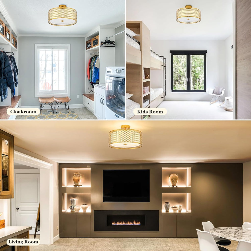 17' Semi Flush Mount Ceiling Light Fixture, 3-Light Gold Light Fixture, Close to Ceiling Light Fixture with White Fabric Lampshade and Gloden Iron Mesh Cage for Dining Room Living Room Bedroom