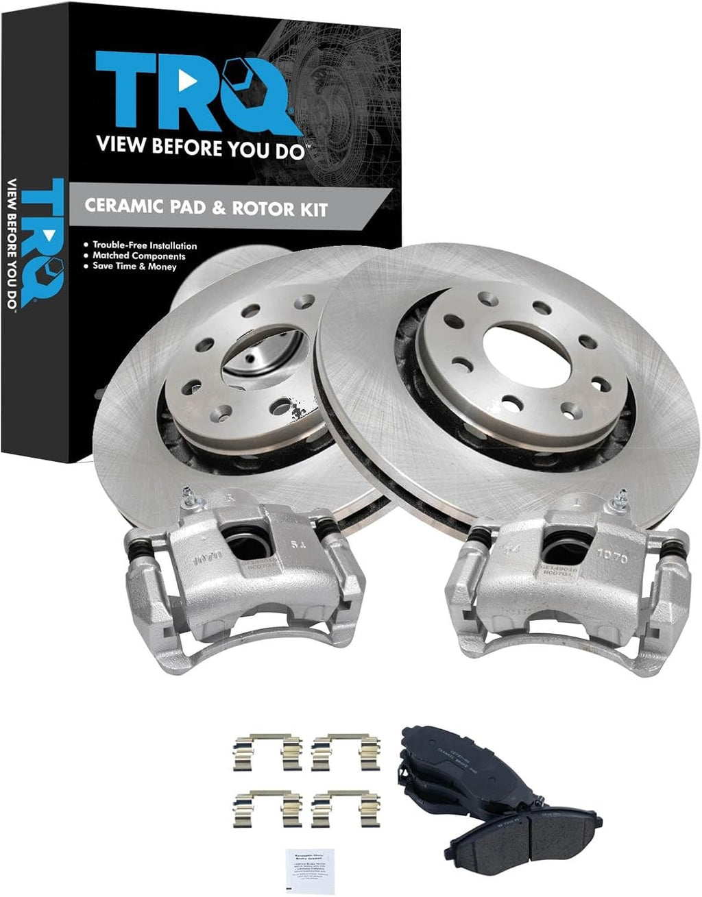 TRQ Front Brake Pad and Rotor Set Ceramic Vented Rotors Calipers Compatible with 2004-2011 Chevrolet Aveo 2007-2011 Aveo5 2013-2015 Spark 2009 Pontiac G3