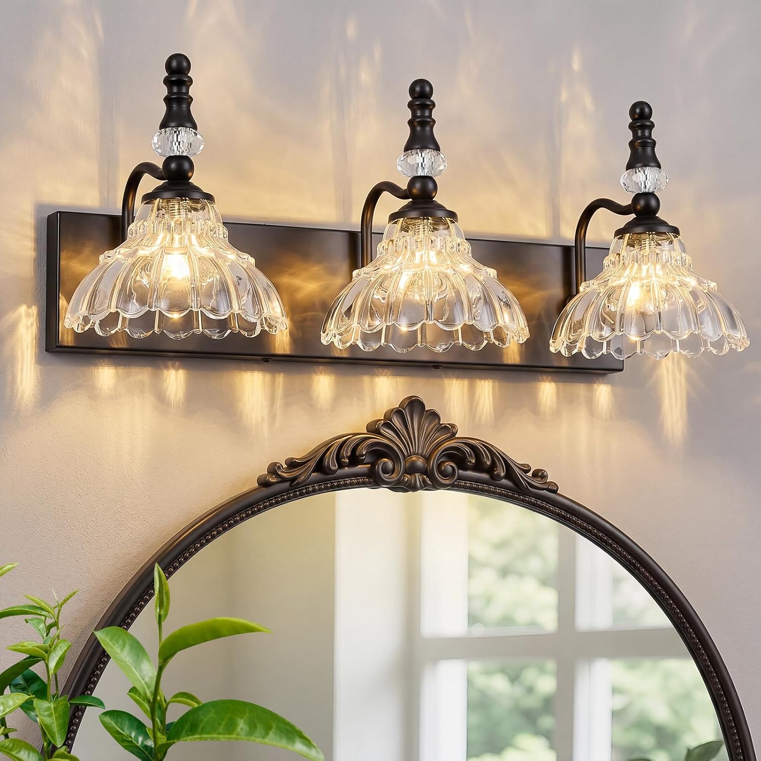 Vintage Bathroom Vanity Light, 4-Light Black Vanity Lighting Fixture with Flower Glass Shade, Bathroom Lighting Fixtures Over Mirror