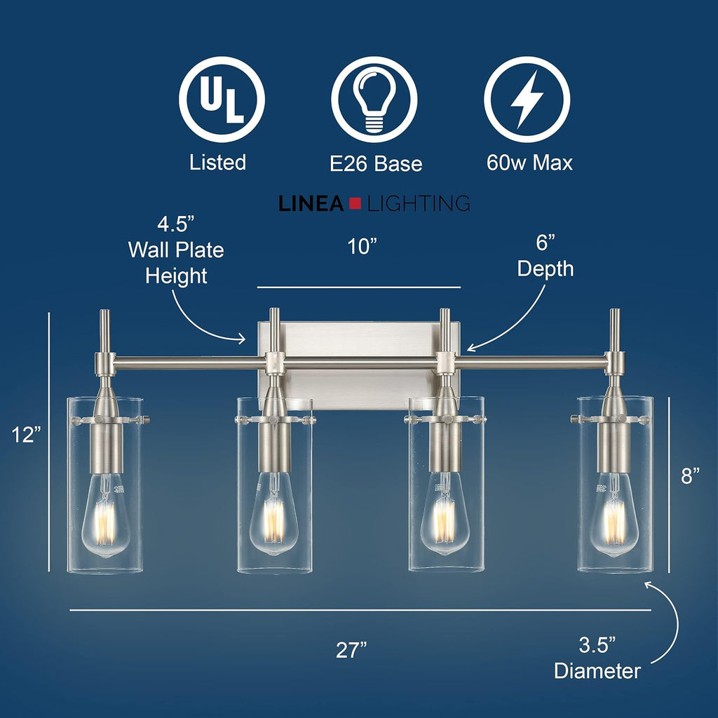 Linea di Liara Effimero Modern Farmhouse Bathroom Vanity Lights Fixtures 4 Lights Over Mirror Brushed Nickel Vanity Lights For Bathroom Light Fixtures Industrial Lighting Clear Glass Covers, UL Listed