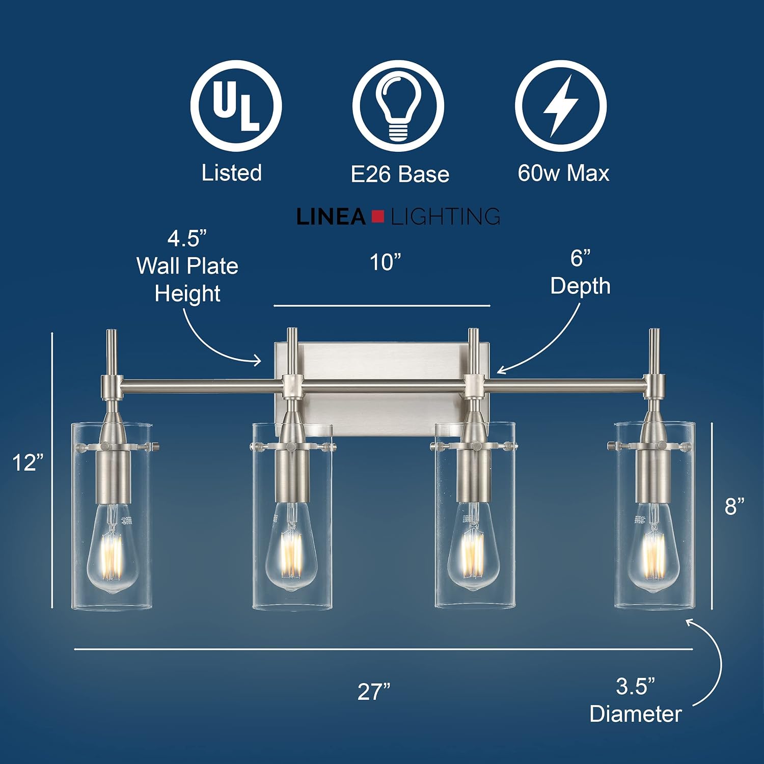 Linea di Liara Effimero Modern Farmhouse Bathroom Vanity Lights Fixtures 4 Lights Over Mirror Brushed Nickel Vanity Lights For Bathroom Light Fixtures Industrial Lighting Clear Glass Covers, UL Listed