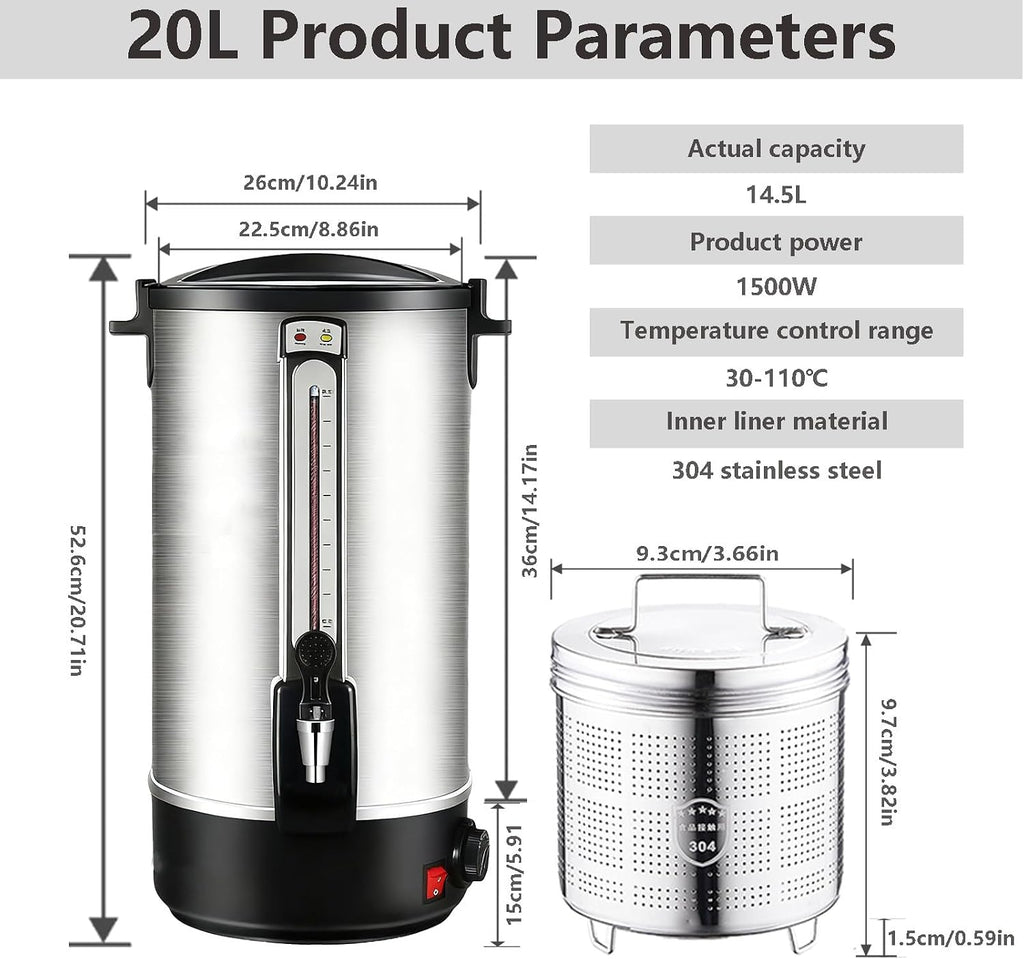 Commercial Coffee Urn,Large Capacity Stainless Steel Coffee Maker, Fast Brew/Rapid Extraction with Automatic Temperature Control & Faucet,Hot Water Dispenser 20L