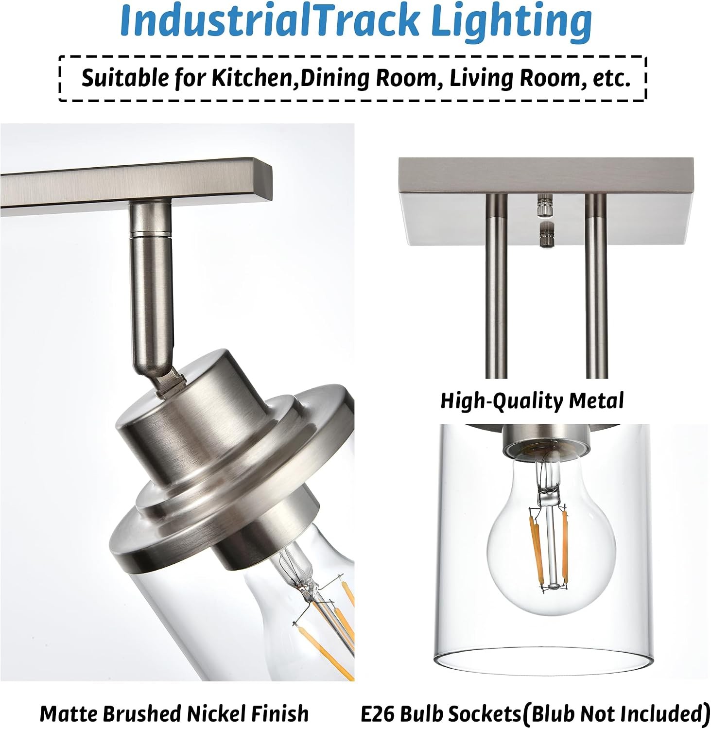 Track Lighting Fixtures 3 Light Directional Ceiling Lights with Adjustable Track Heads, Brushed Nickel Bathroom Vanity Light with Clear Glass Shade