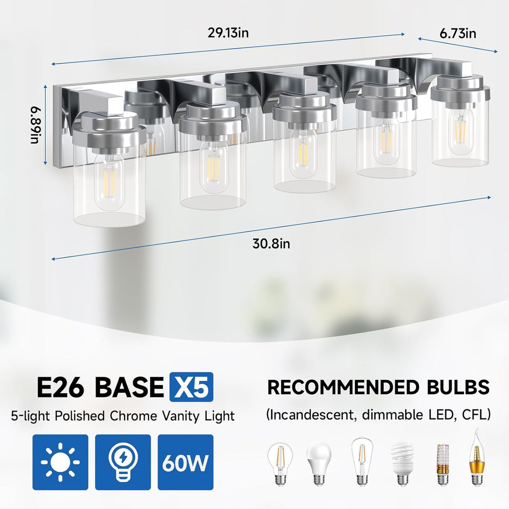 Bathroom Light Fixtures, 5-Light Bathroom Vanity Lights Over Mirror, Polished Chrome Vanity Lights with Glass Shade, 31' Modern Wall Sconce for Cabinet Porch Bedroom, Hallway E26