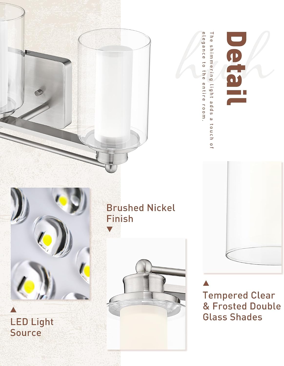 Modern Bathroom Light Fixtures, HWH Brushed Nickel Vanity Lights for Bathroom, Wall Light Fixtures Clear Glass, LED Vanity Lights 5CCT Dimmable 18W, 5HLT63B-3W-LED BN
