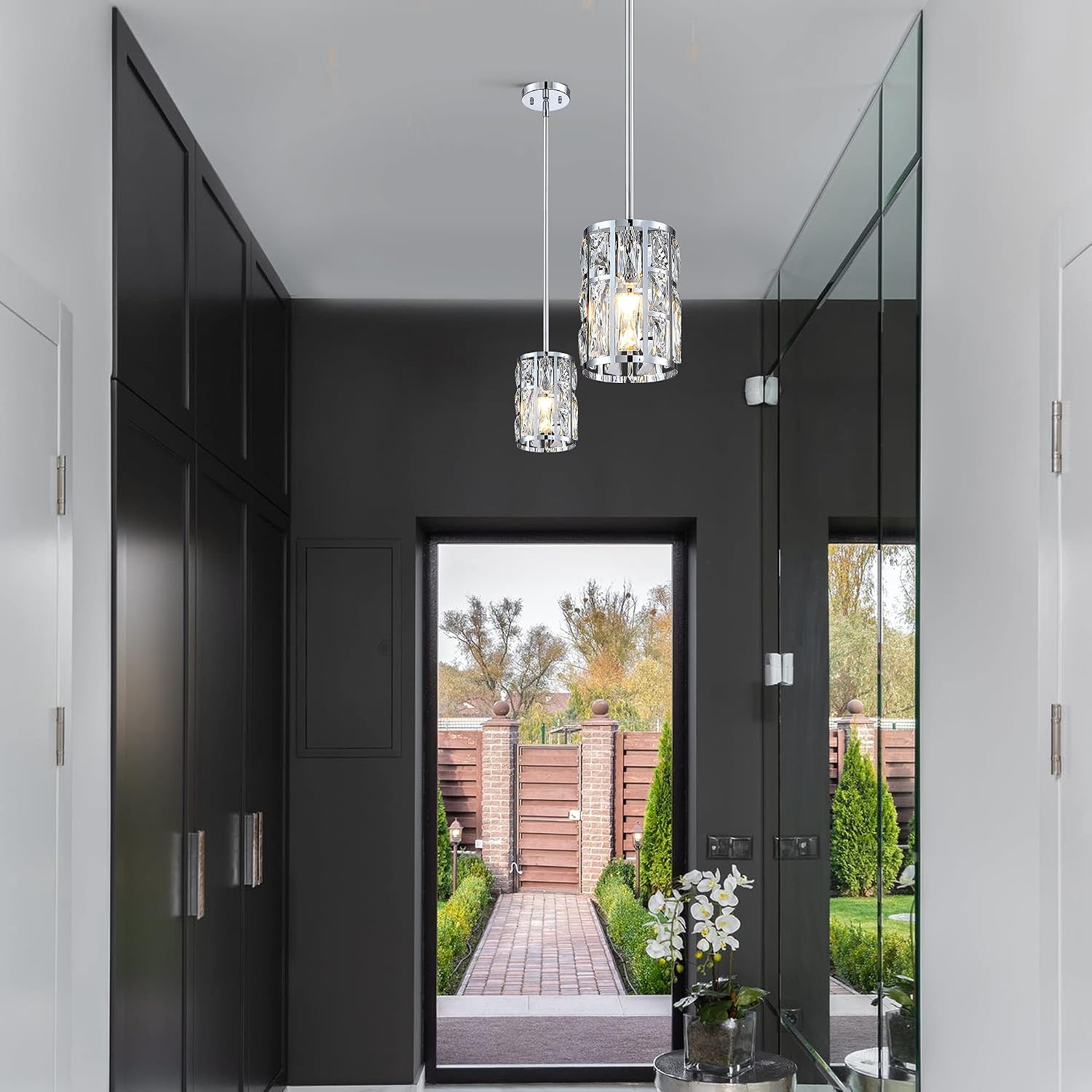 MEXO Modern Crystal Pendant Light Fixture 3-Pack Chrome Finish Hanging Lighting Crystal Chandelier for Kitchen Island