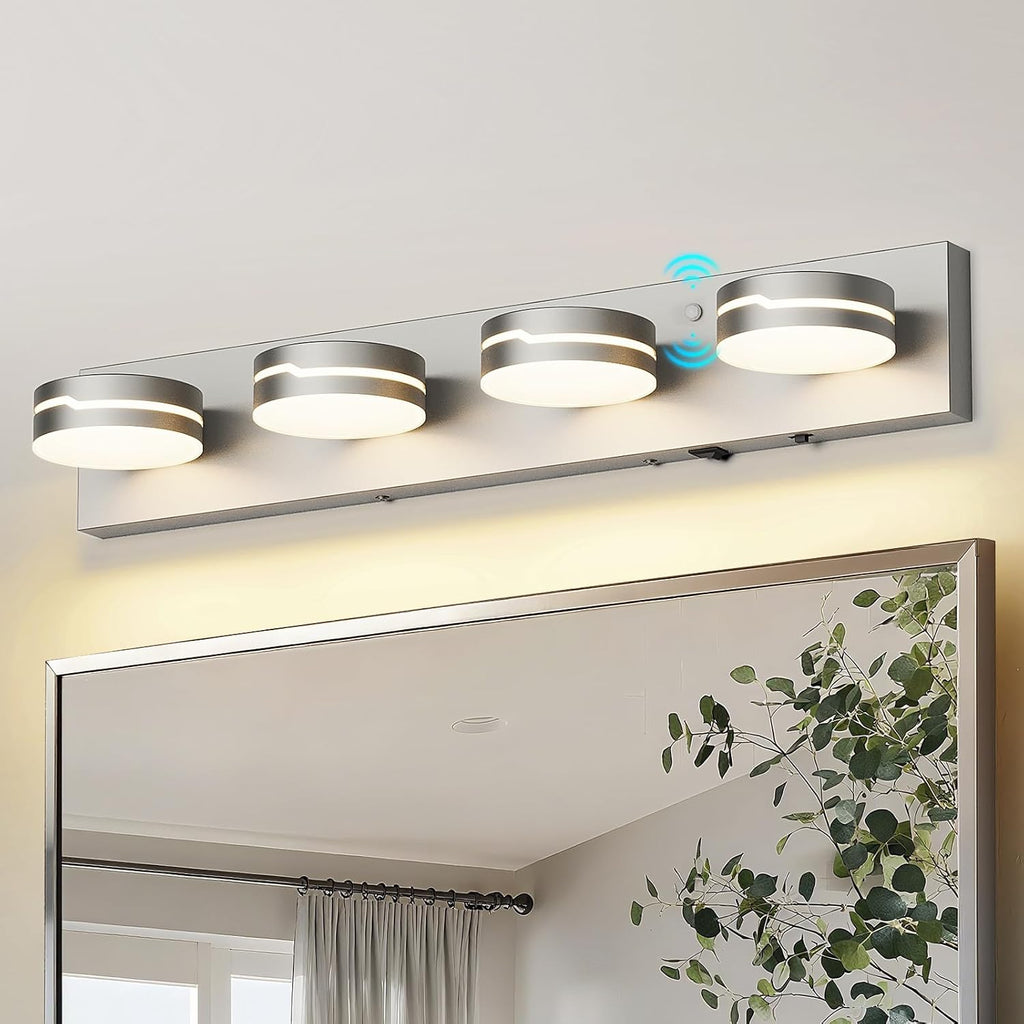 26' Motion Sensor Vanity Light Brushed Nickel, 3CCT 4-Light Modern LED Bathroom Lighting Fixtures Over Mirror, Dimmable Rotatable Head Wall Sconce, 3000K-6000K Color Selectable