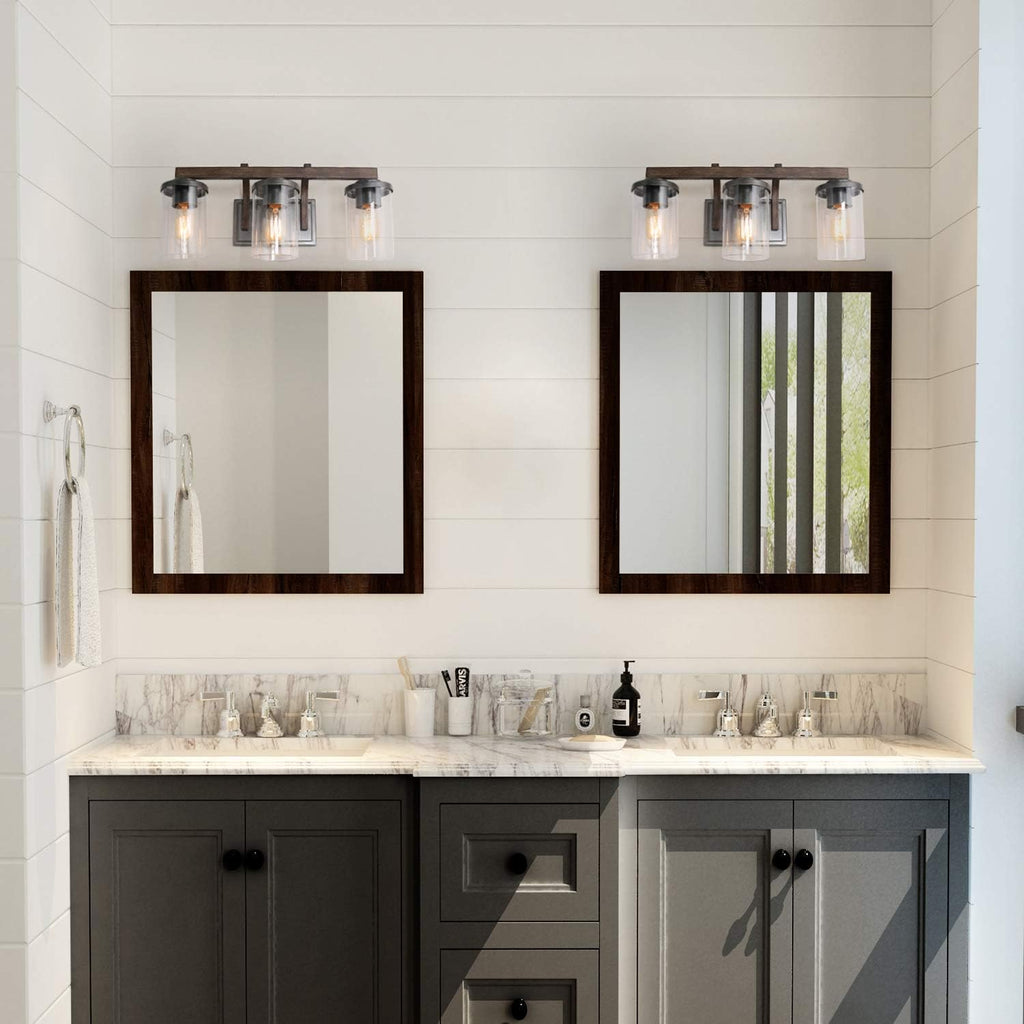 LALUZ Bathroom Vanity Light Fixtures, 3-Light Farmhouse Vanity Light with Clear Glass Shades, Faux Wood, 20'' L x 6.3'' W x 8.7'' H