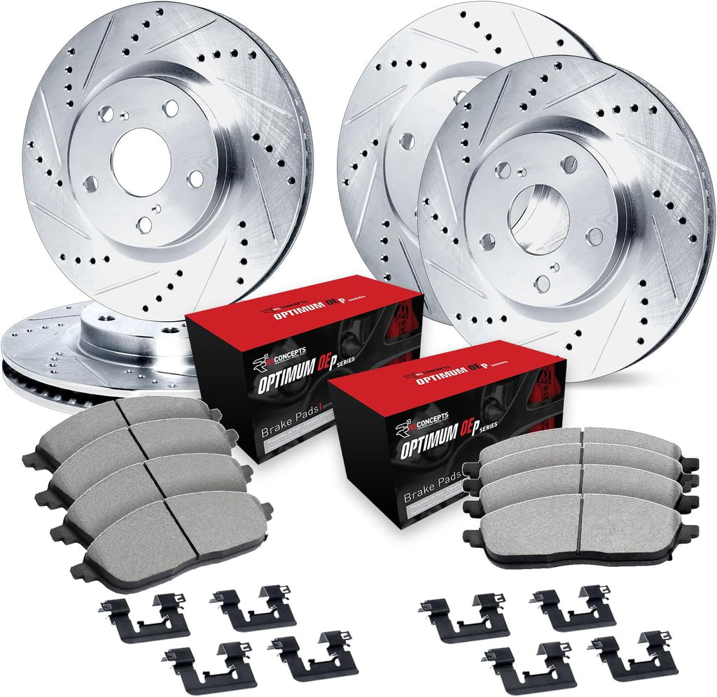 R1 Concepts Front and Rear Brake Kit Fits 2017-2024 Alfa Romeo Giulia; 2018-2025 Alfa Romeo Stelvio| Optimum Oep Pads, Drilled Slotted Rotors| Hardware| 13.0' Front & 12.6' Rear
