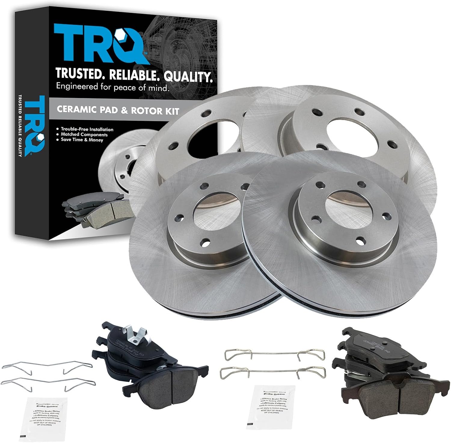 TRQ Front and Rear Brake Pad and Rotor Set Ceramic Vented Solid Rotors Compatible with 2004-2005 Mazda 3