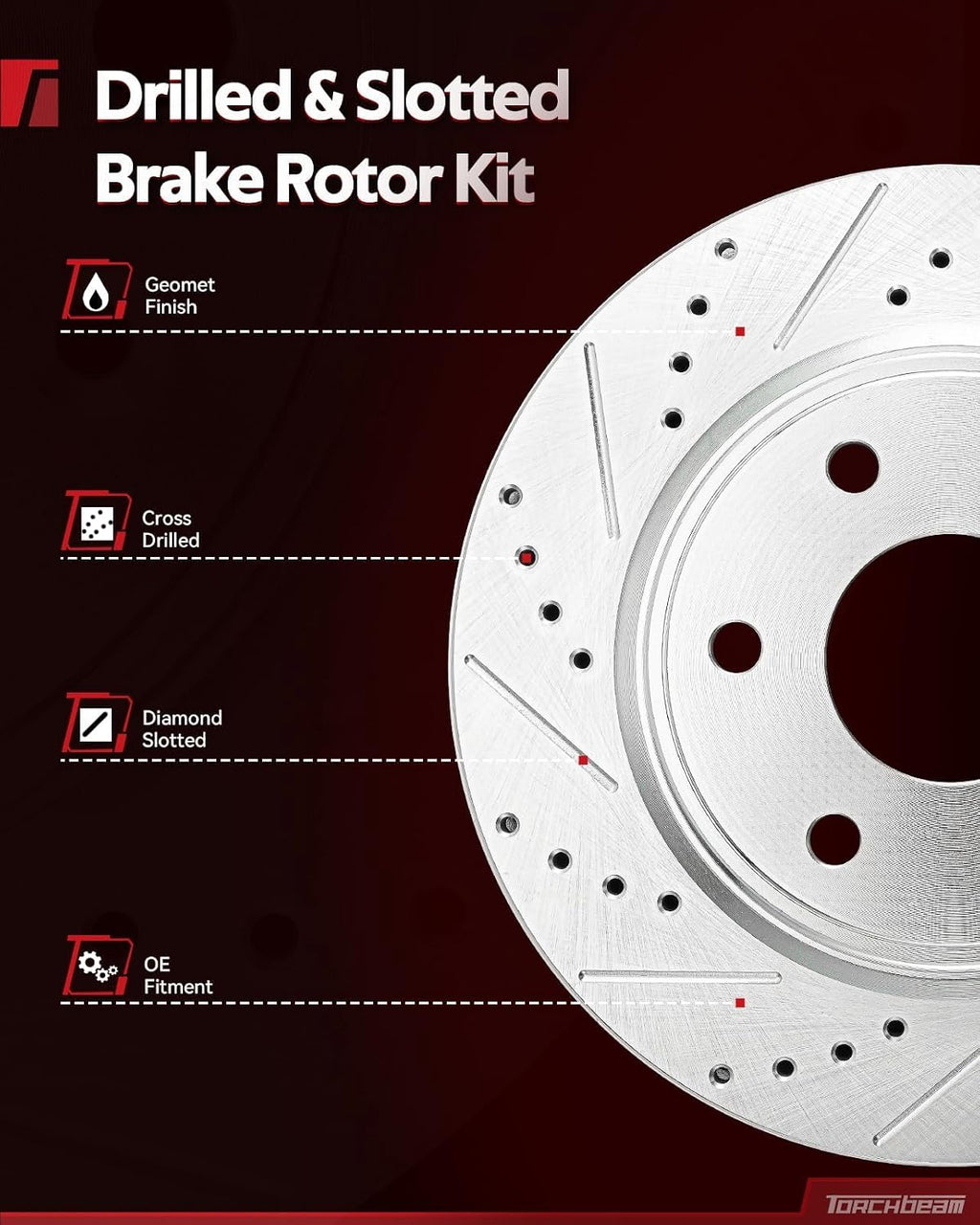 Torchbeam Front Geomet Drilled & Slotted Brake Rotor & Ceramic Brake Pads Kit Replacement 55174+D1421 Fit for 9-5,Equinox, Impala, LaCrosse, Malibu, Malibu Limited, Regal, Terrain