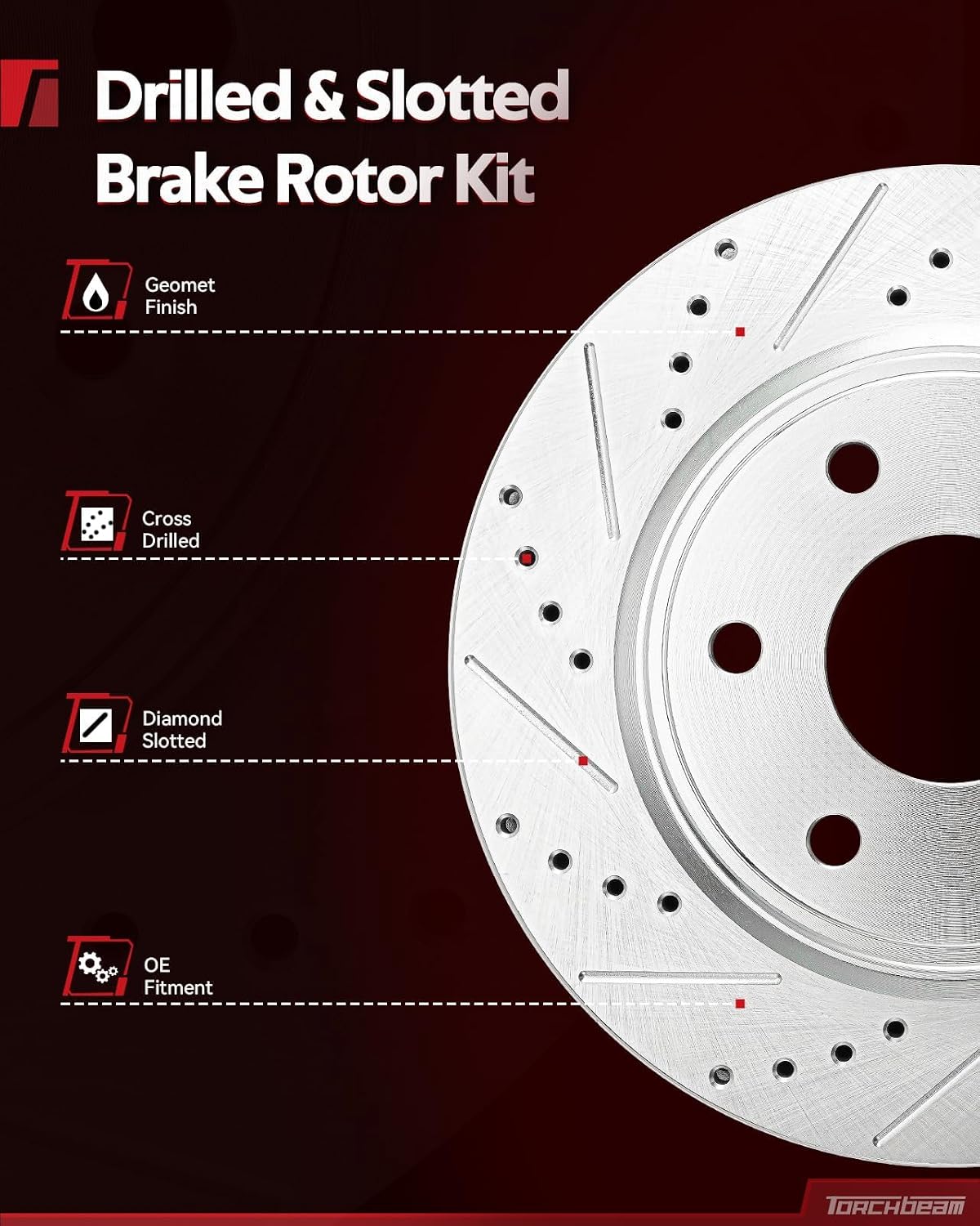 Torchbeam Front Geomet Drilled & Slotted Brake Rotor & Ceramic Brake Pads Kit Replacement 55174+D1421 Fit for 9-5,Equinox, Impala, LaCrosse, Malibu, Malibu Limited, Regal, Terrain