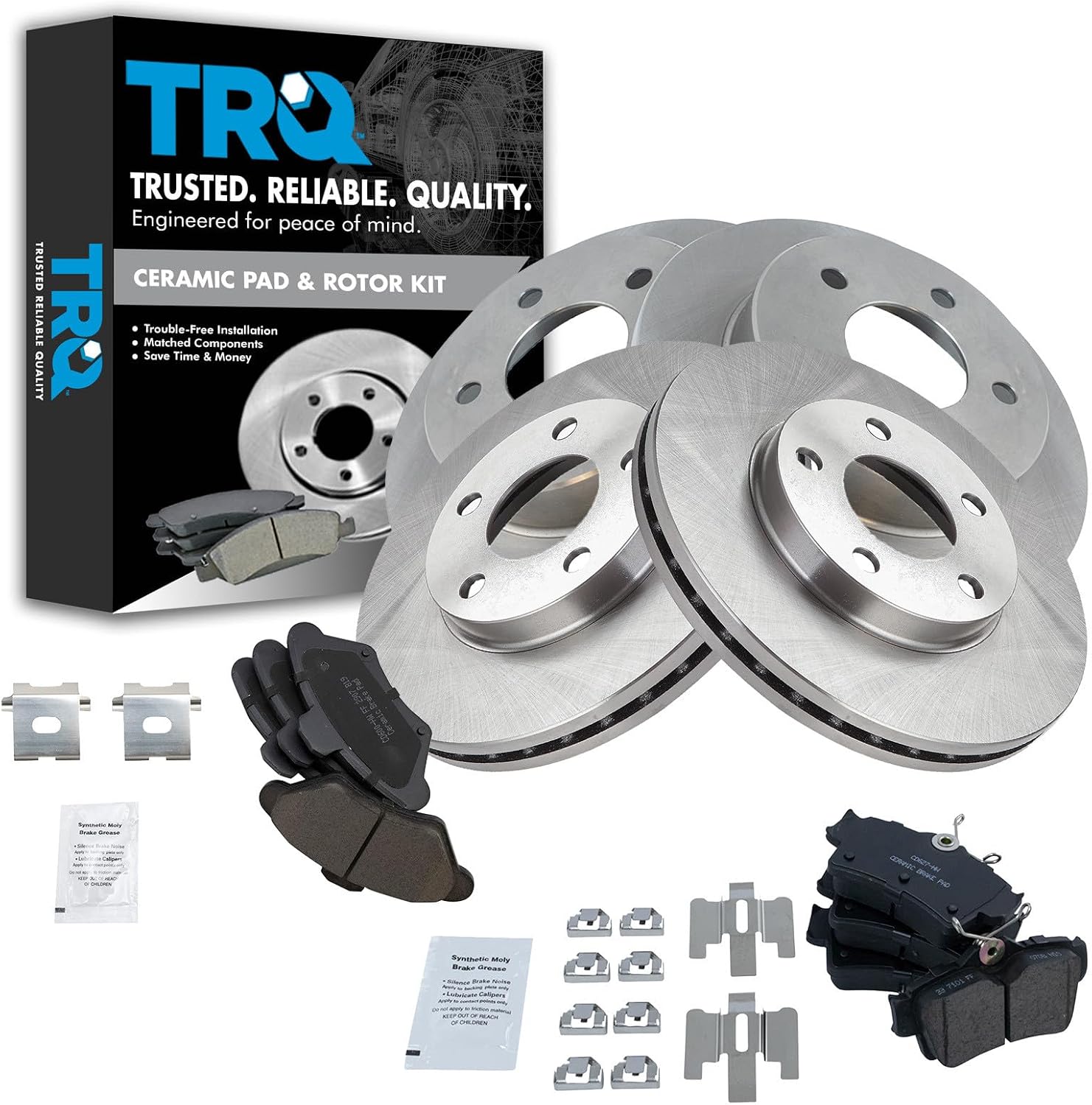 TRQ Front and Rear Brake Pad and Rotor Set Ceramic Compatible with 1994-1998 Ford Mustang