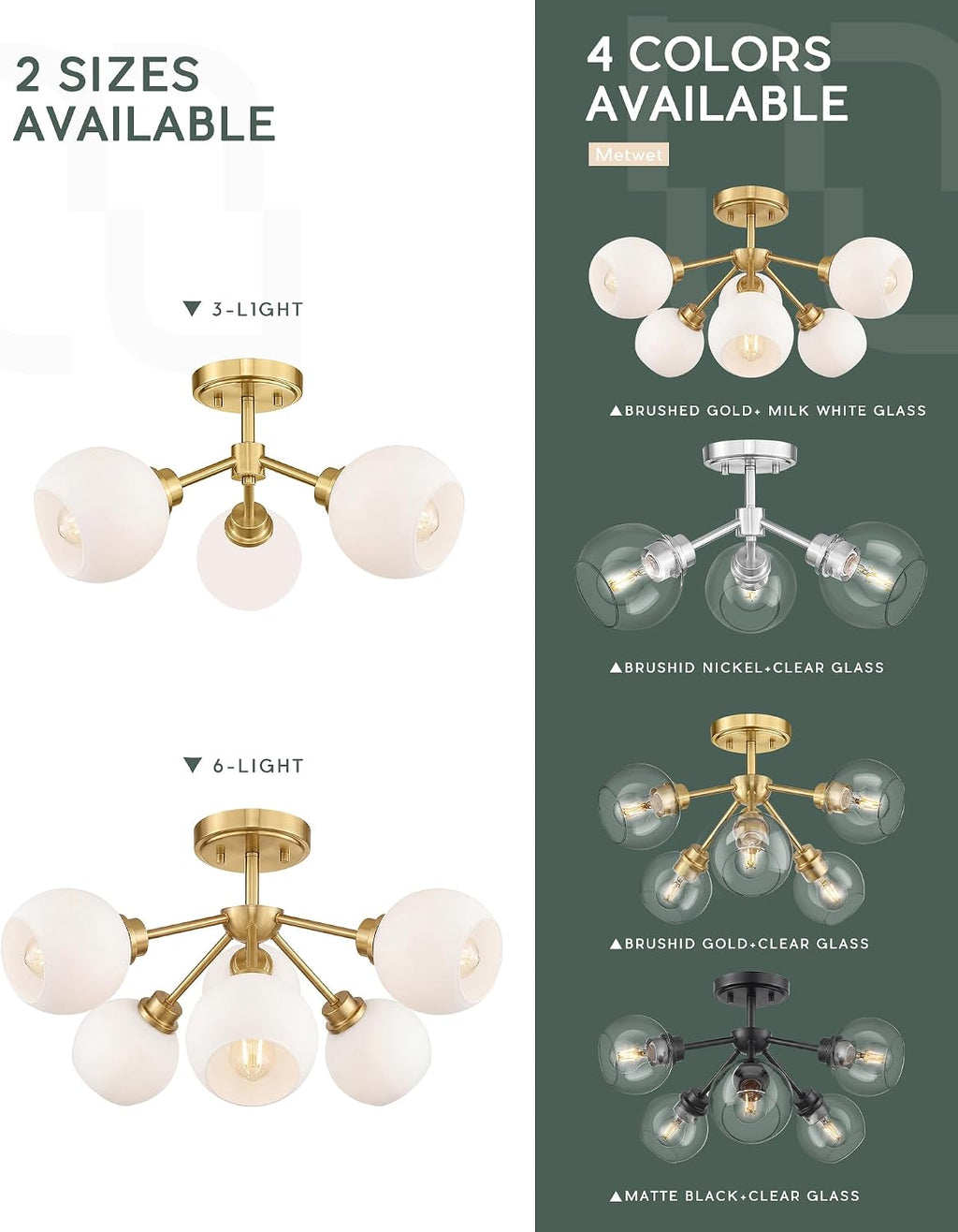 6-Light Semi Flush Mount Ceiling Light, 22' Modern Light Fixtures Ceiling Mount with Globe Milk White Glass Shade, Brushed Gold Light Fixtures for Kitchen Entryway Bedroom, SM195-BG-ML-6
