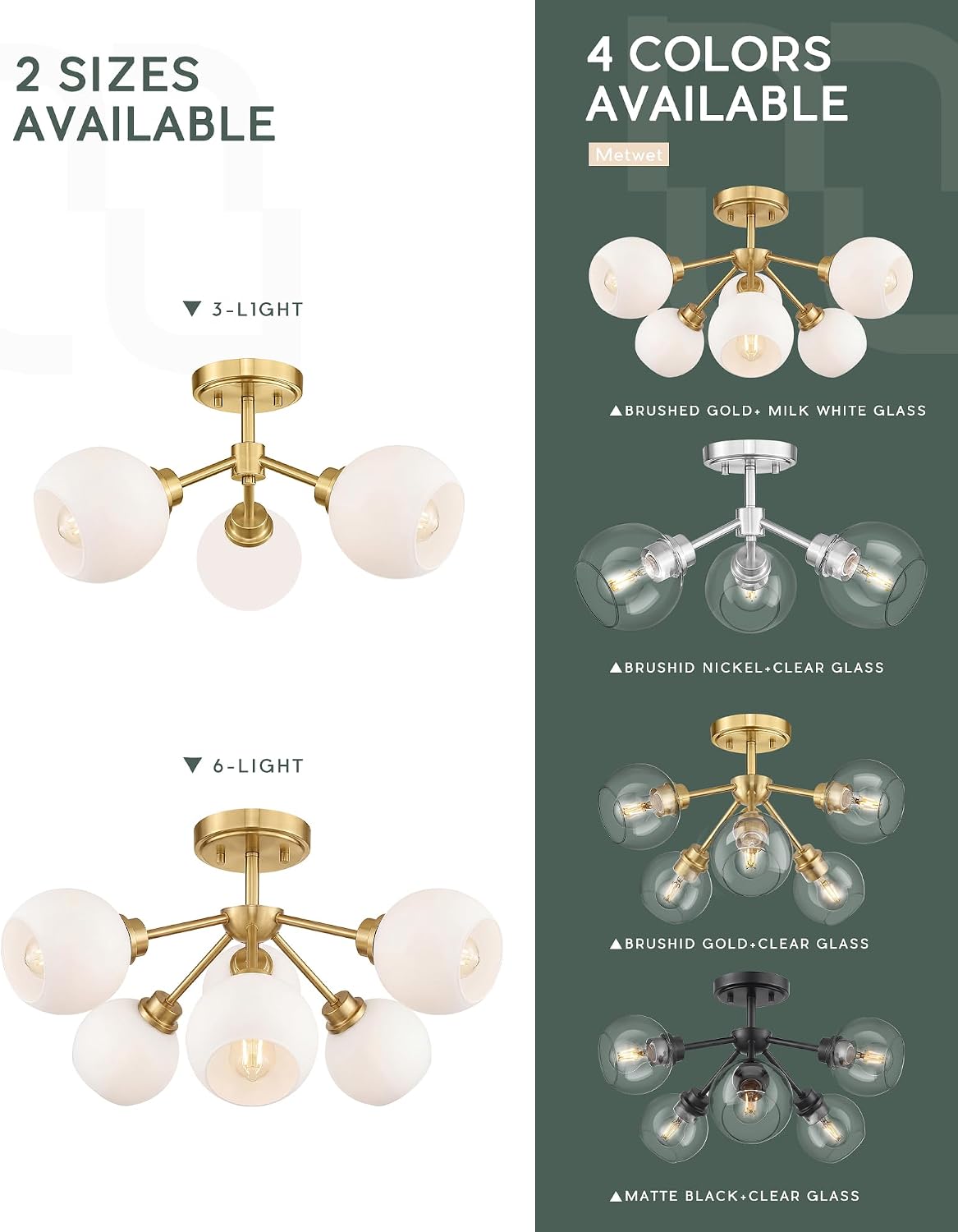6-Light Semi Flush Mount Ceiling Light, 22' Modern Light Fixtures Ceiling Mount with Globe Milk White Glass Shade, Brushed Gold Light Fixtures for Kitchen Entryway Bedroom, SM195-BG-ML-6