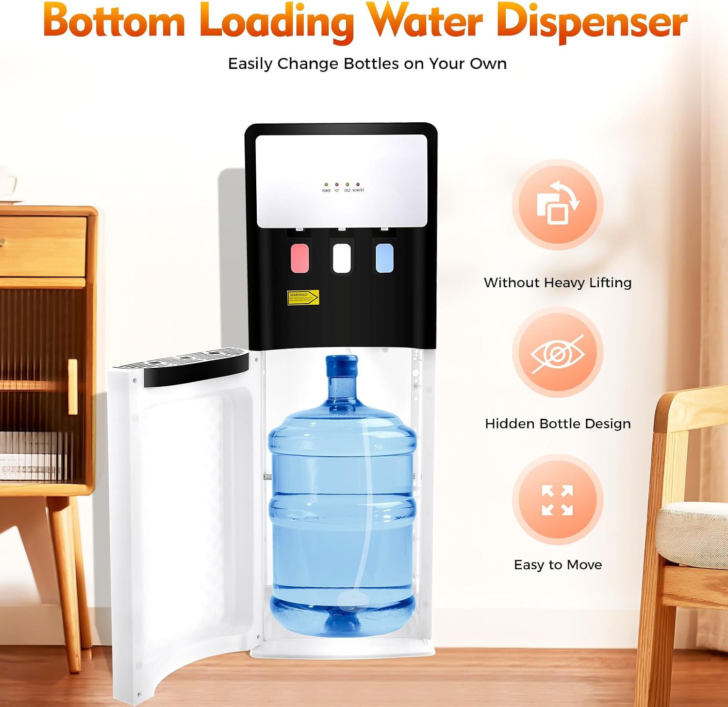 Bottom Loading Water Cooler Dispenser Hot & Cold Water Dispenser - 3 Temperature Settings - Hot, Room & Cold, Indicator Lights, Over-Temperature Protection Water Dispenser for Home Office, White