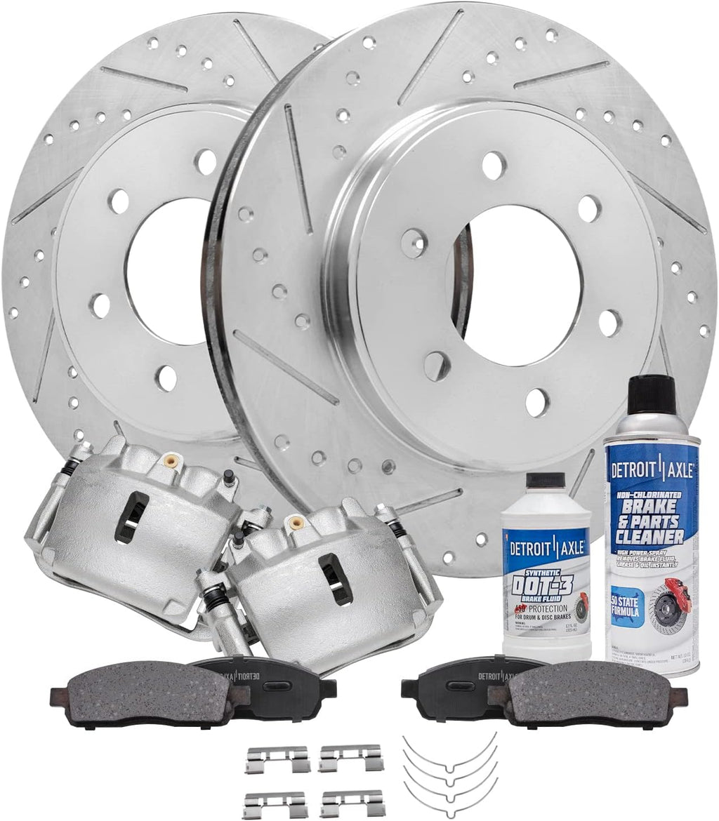 Detroit Axle - Front Brake Kit for 4WD 05-08 Ford F-150 Lincoln Mark LT Drilled & Slotted Brake Rotors Calipers Ceramic Brakes Pads 2005 2006 2007 2008 Replacement 6 Lug