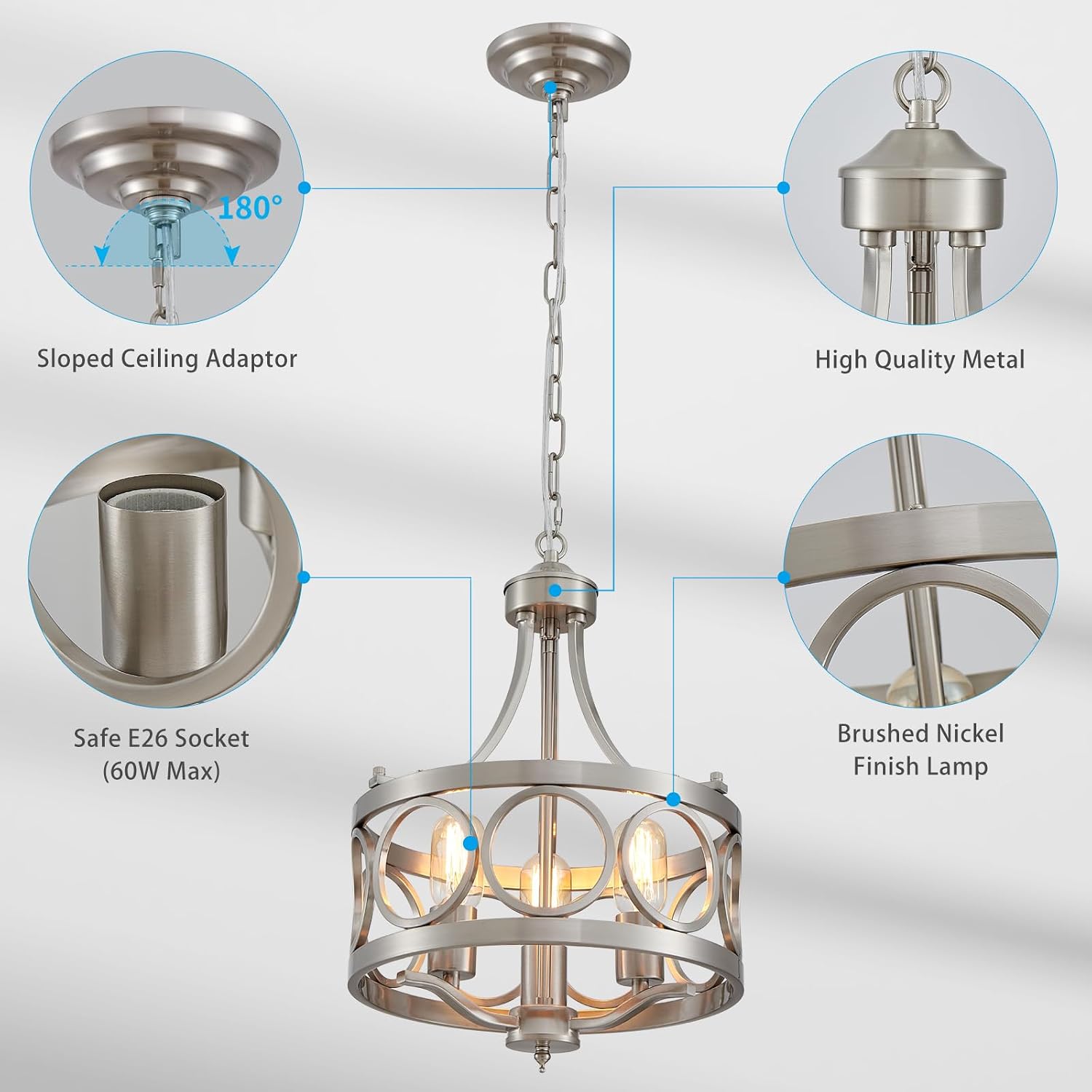 XINGQI 12.6' Modern Farmhouse Brushed Nickel Chandeliers Dining Room Light Fixture Over Table Rustic Metal Drum Pendant Hanging Lamp for Entryway Bedroom Kitchen 3-Light Round Small Chandelier
