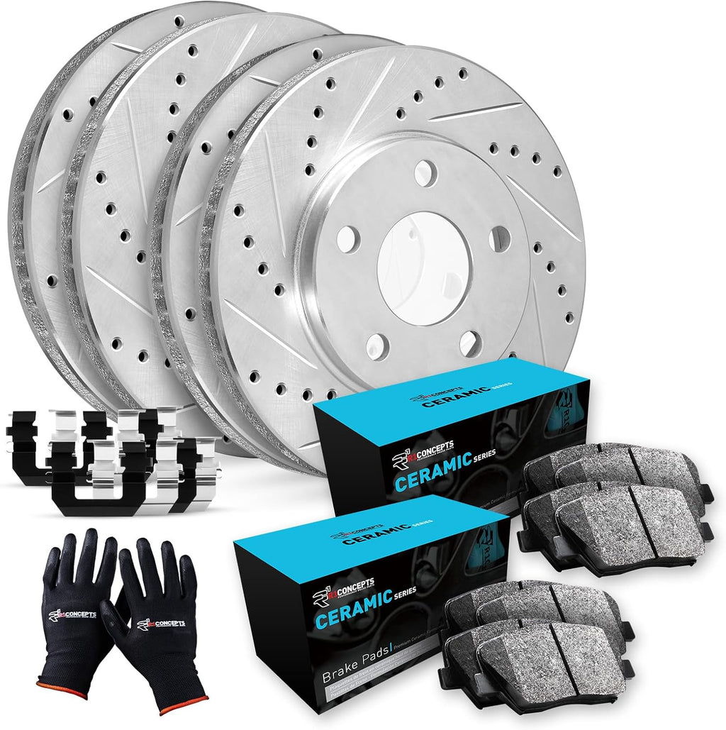 R1 Concepts Front and Rear Brake Kit Fits 2014-2019 Mitsubishi Outlander; 2013 Mitsubishi Outlander| Ceramic Pads, Drilled Slotted Rotors| Hardware| 11.6' Front & 11.9' Rear