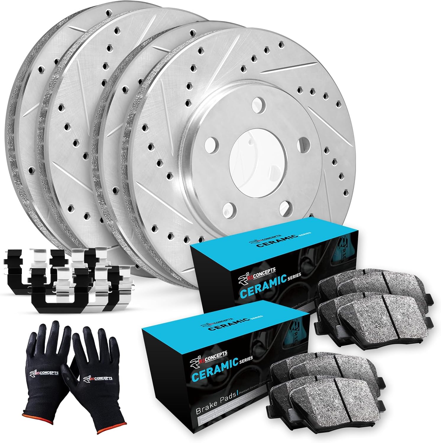 R1 Concepts Front and Rear Brake Kit Fits 2013-2014 Ford Focus| Ceramic Pads, Drilled Slotted Rotors| Hardware| 12.6' Front & 10.7' Rear