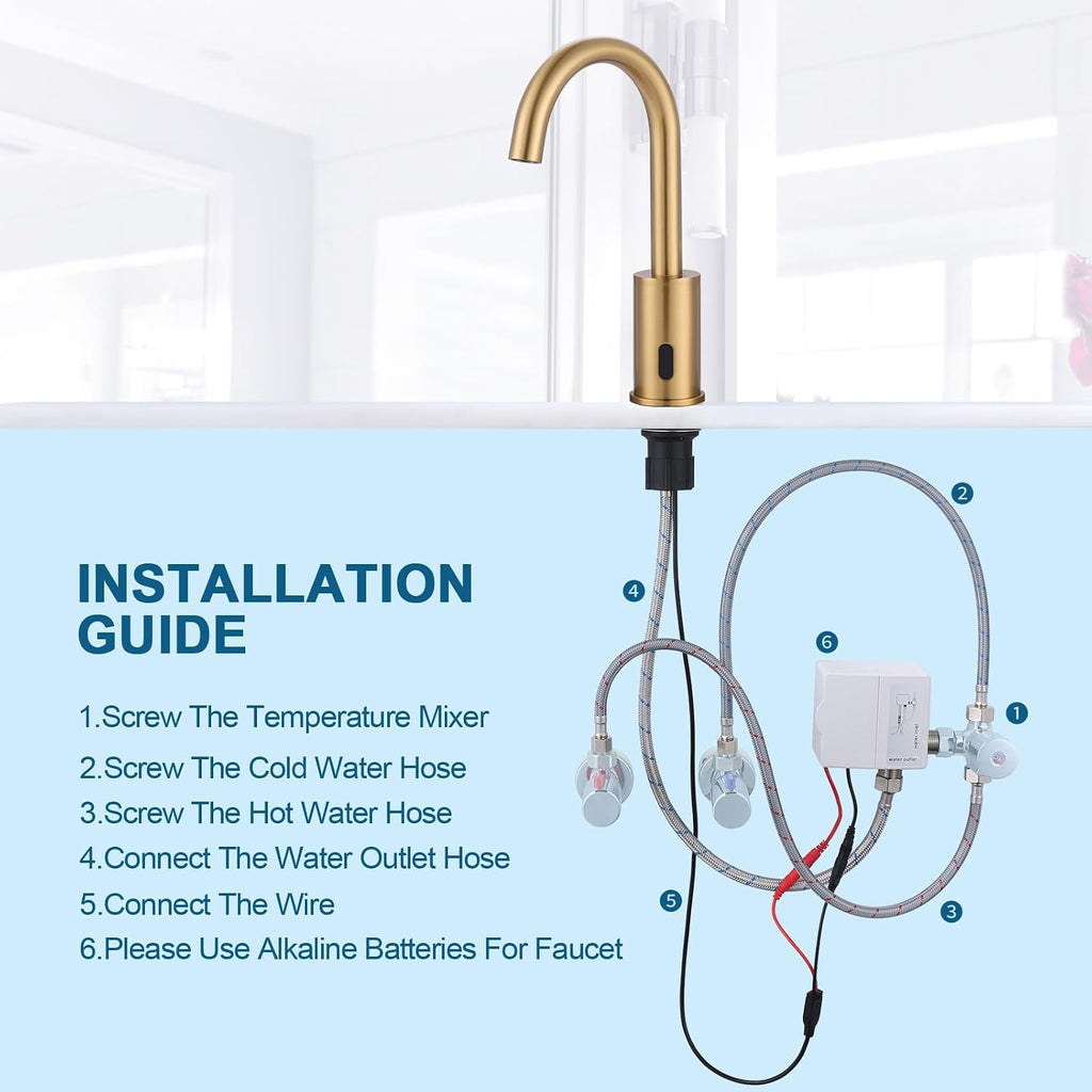 Automatic Touchless Bathroom Sink Faucet, WOWOW Motion Automatic Sensor Bathroom Faucet with Deck Plate, 1 or 3 Holes Motion Sensor Vanity Tap Hands Free Temperature Mixer, Brushed Gold