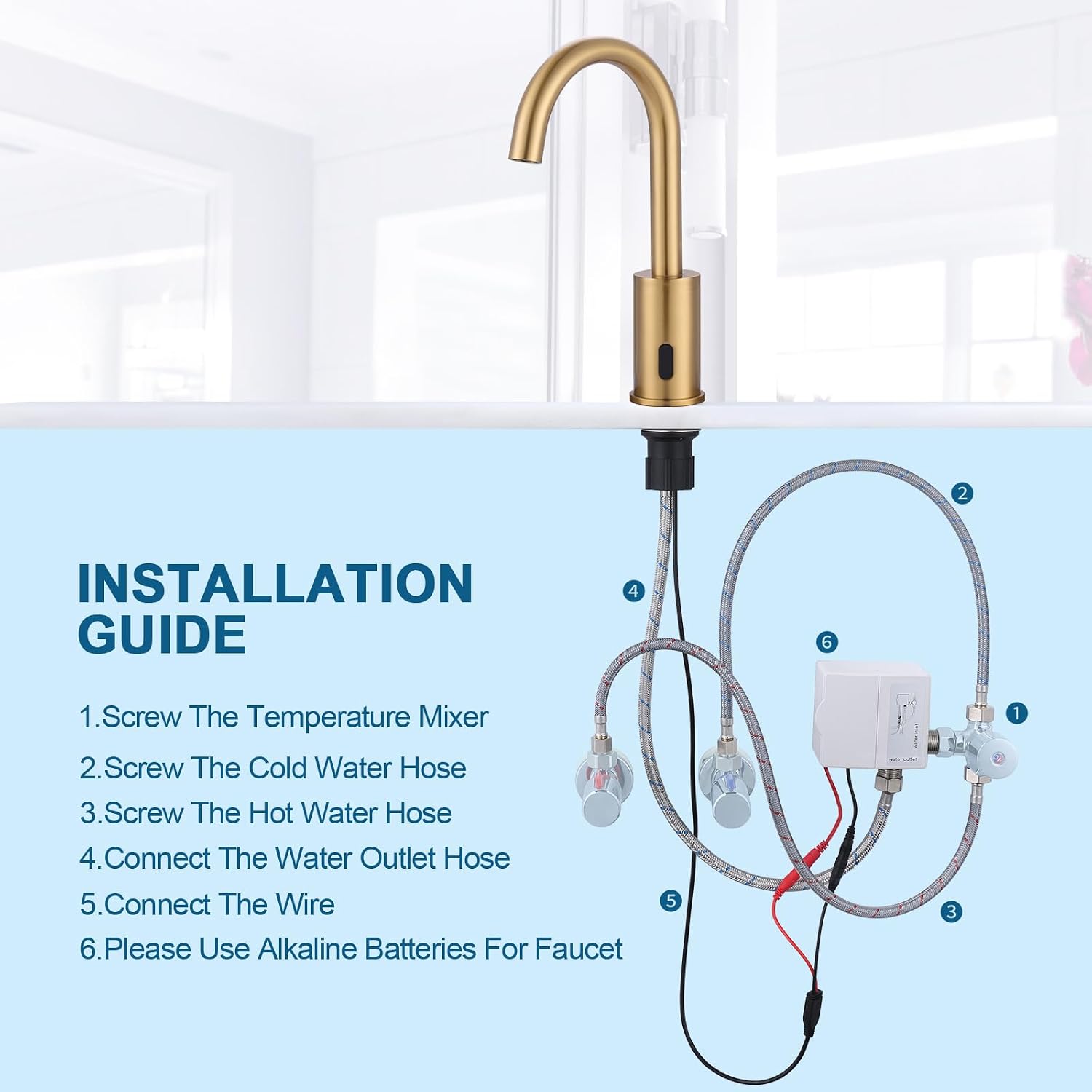 Automatic Touchless Bathroom Sink Faucet, WOWOW Motion Automatic Sensor Bathroom Faucet with Deck Plate, 1 or 3 Holes Motion Sensor Vanity Tap Hands Free Temperature Mixer, Brushed Gold