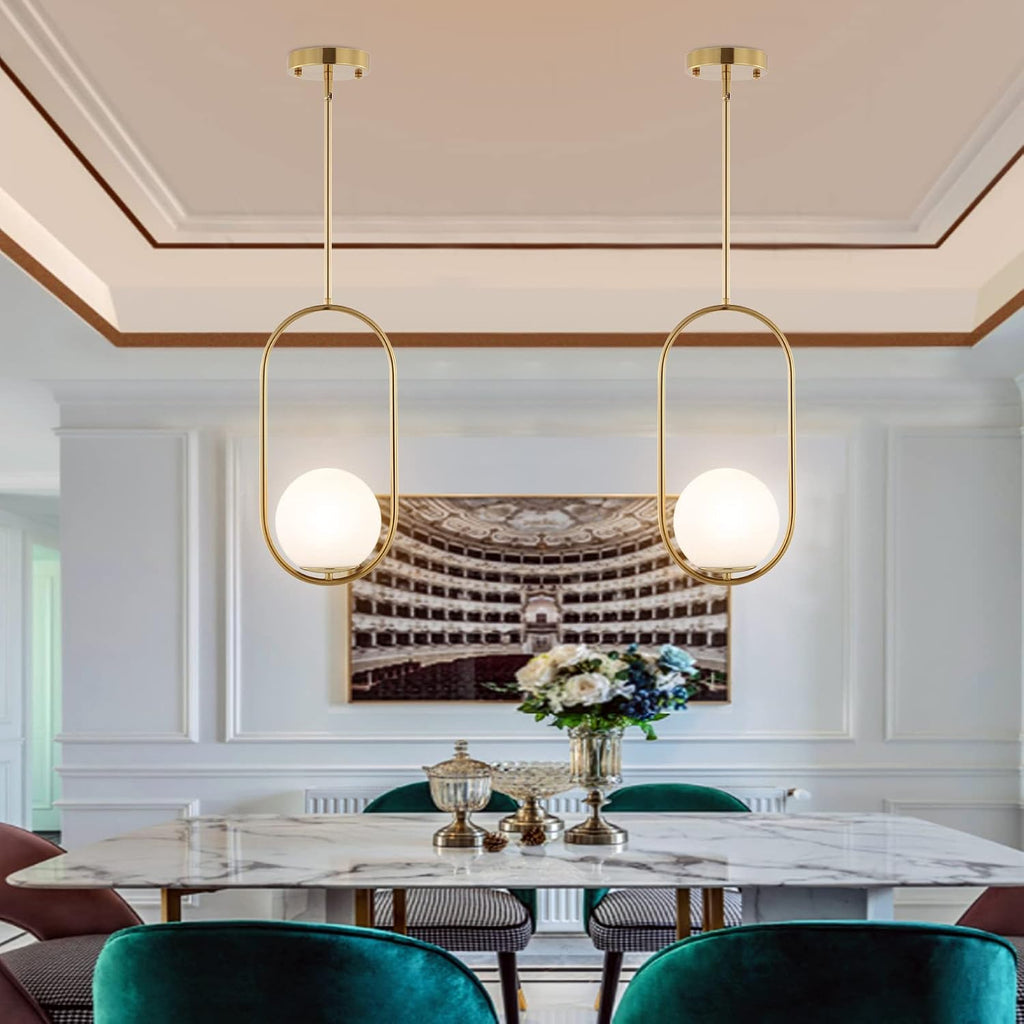 BYOLIIMA Modern Gold Globe Pendant Light Mid Century Chandelier 1-Light Brushed Brass Ceiling Hanging Lighting Fixture with White Globe Glass Lampshade for Kitchen Island Dining Room Bedroom (2 Pack)