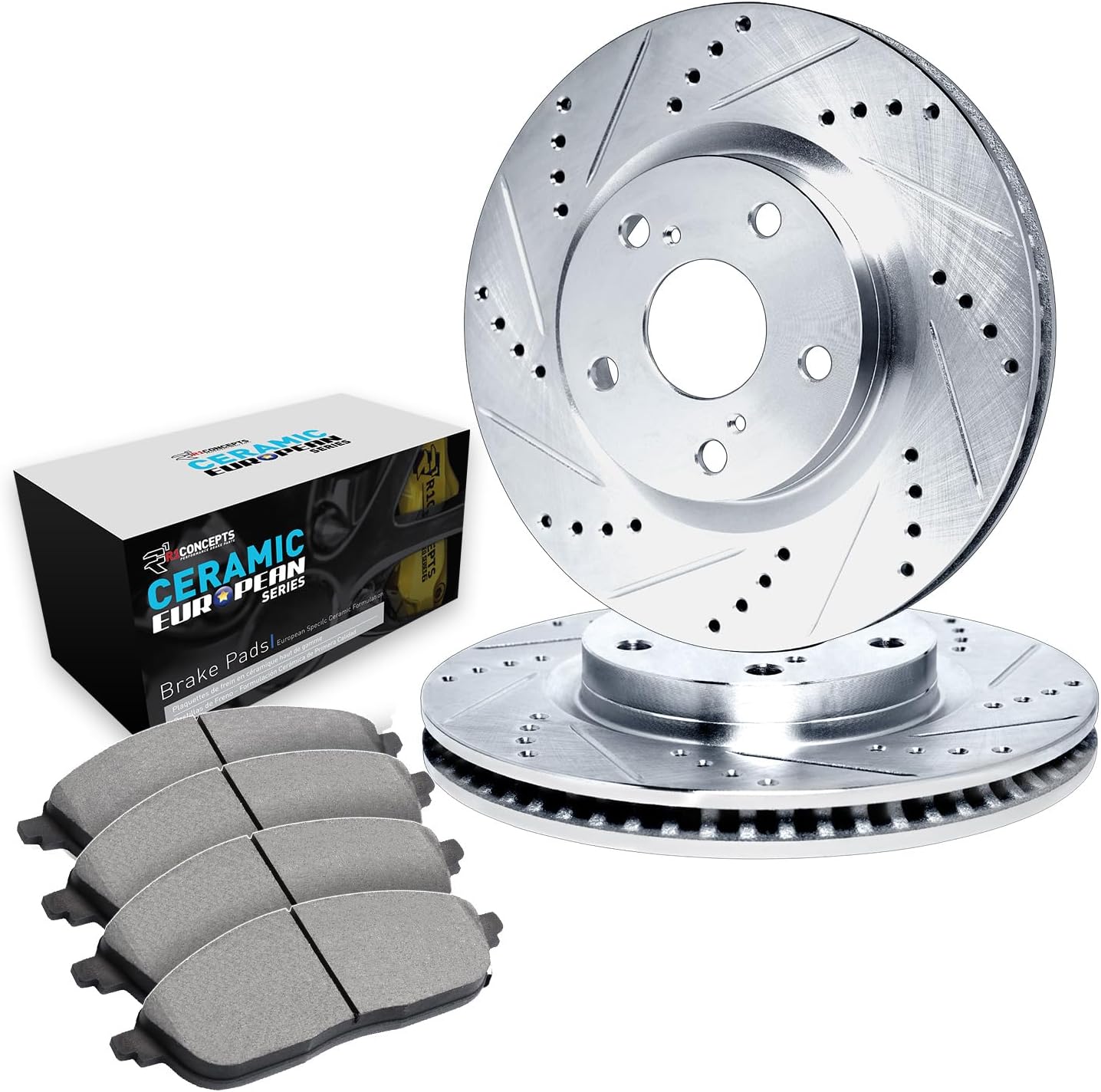 R1 Concepts Rear Brake Kit Fits 2008-2012 INFINITI EX35; 2013 INFINITI EX37; 2011-2012 INFINITI G25; 2005-2008 INFINITI G35| Euro Ceramic Brake Pads and Drilled Slotted Brake Rotors| 12.1' Rear